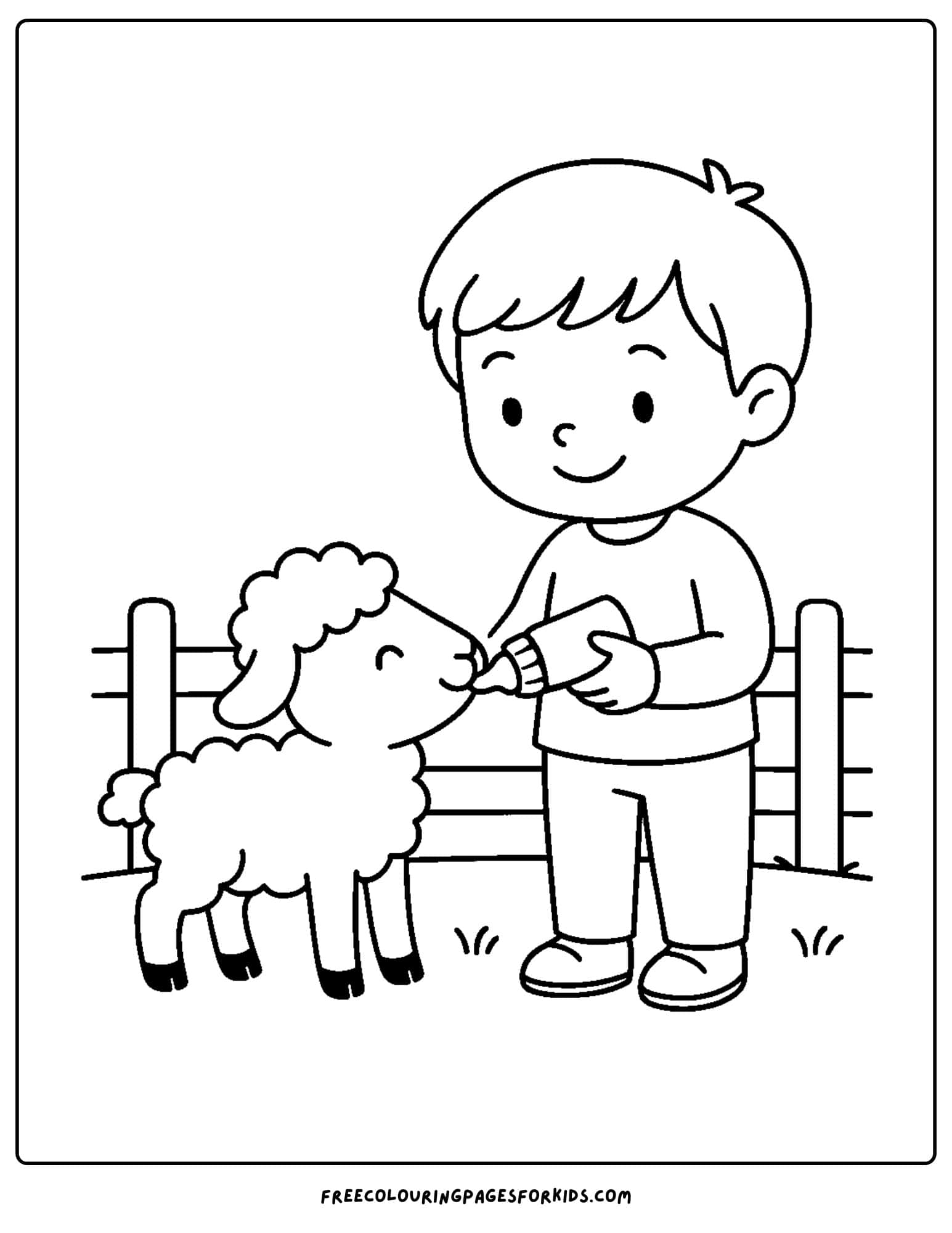 a sheep coloring page with a lamb being fed by a boy