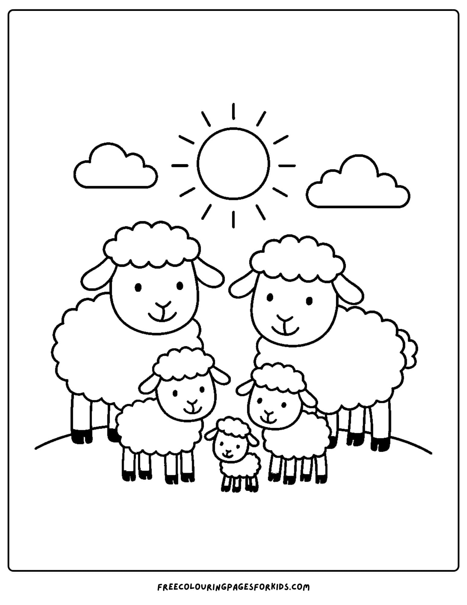 a sheep coloring page with a sheep family on a hill under the sun