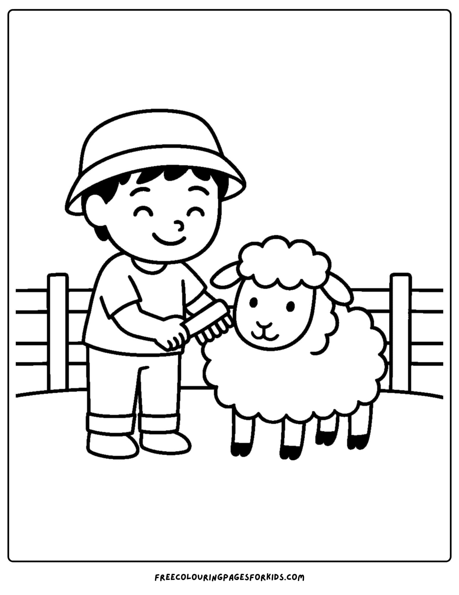 a sheep coloring page with a sheep being brushed by a farmer