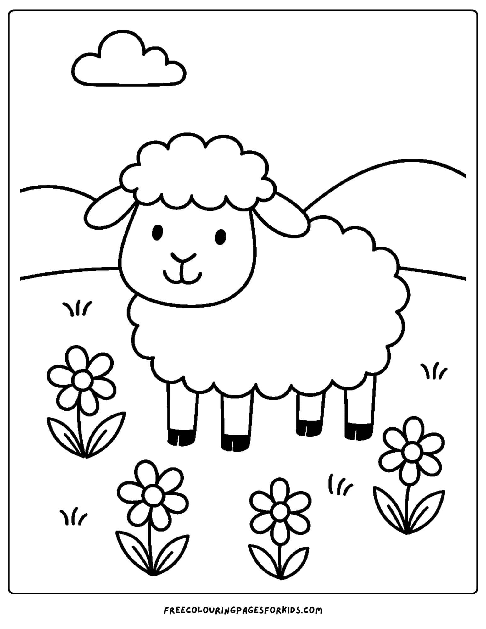 a sheep coloring page with a sheep in a meadow with flowers around