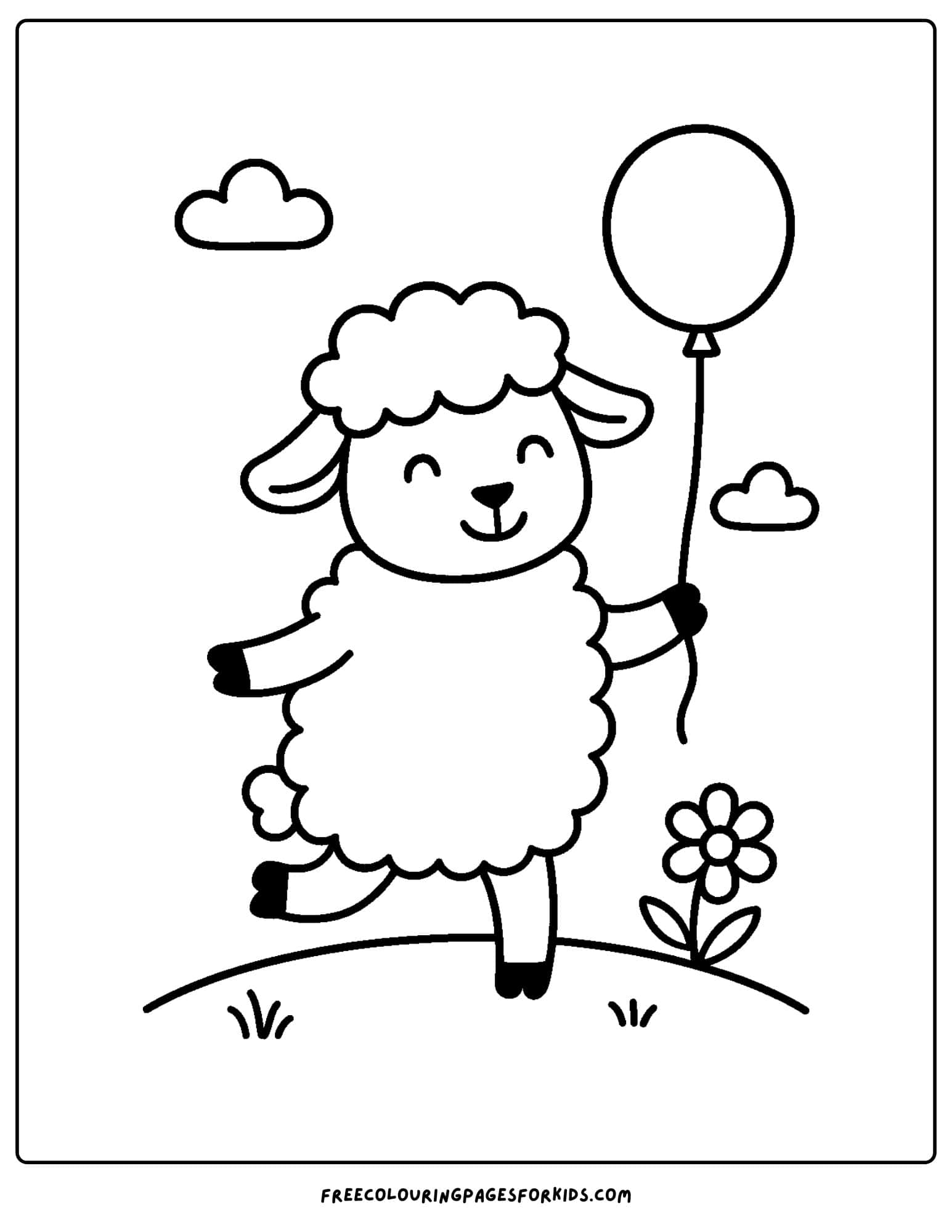 a sheep coloring page with a sheep holding a balloon
