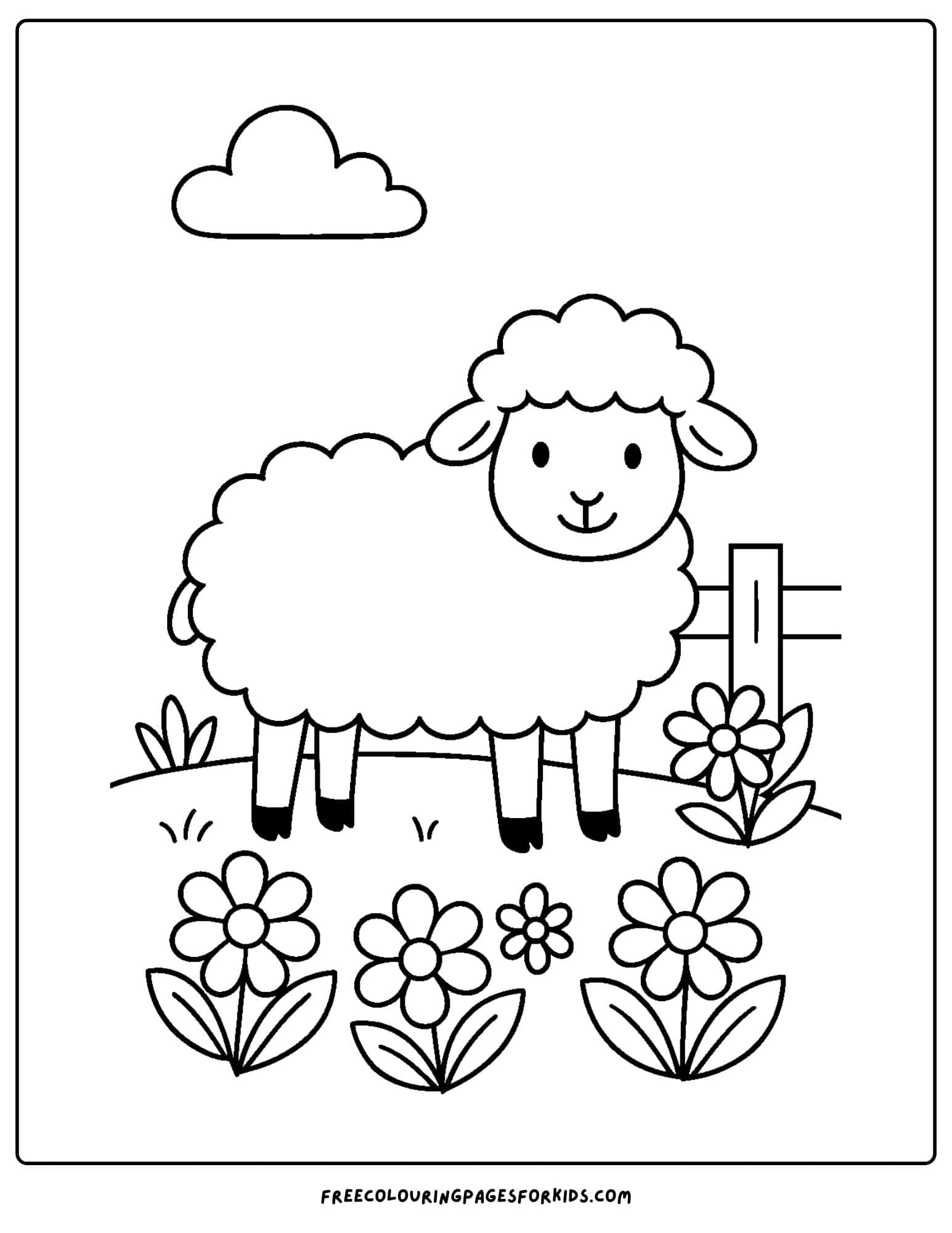a sheep coloring page with a sheep in a flower patch