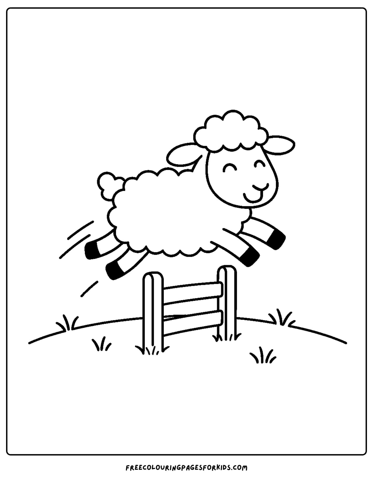 a sheep coloring page with a sheep jumping over a fence