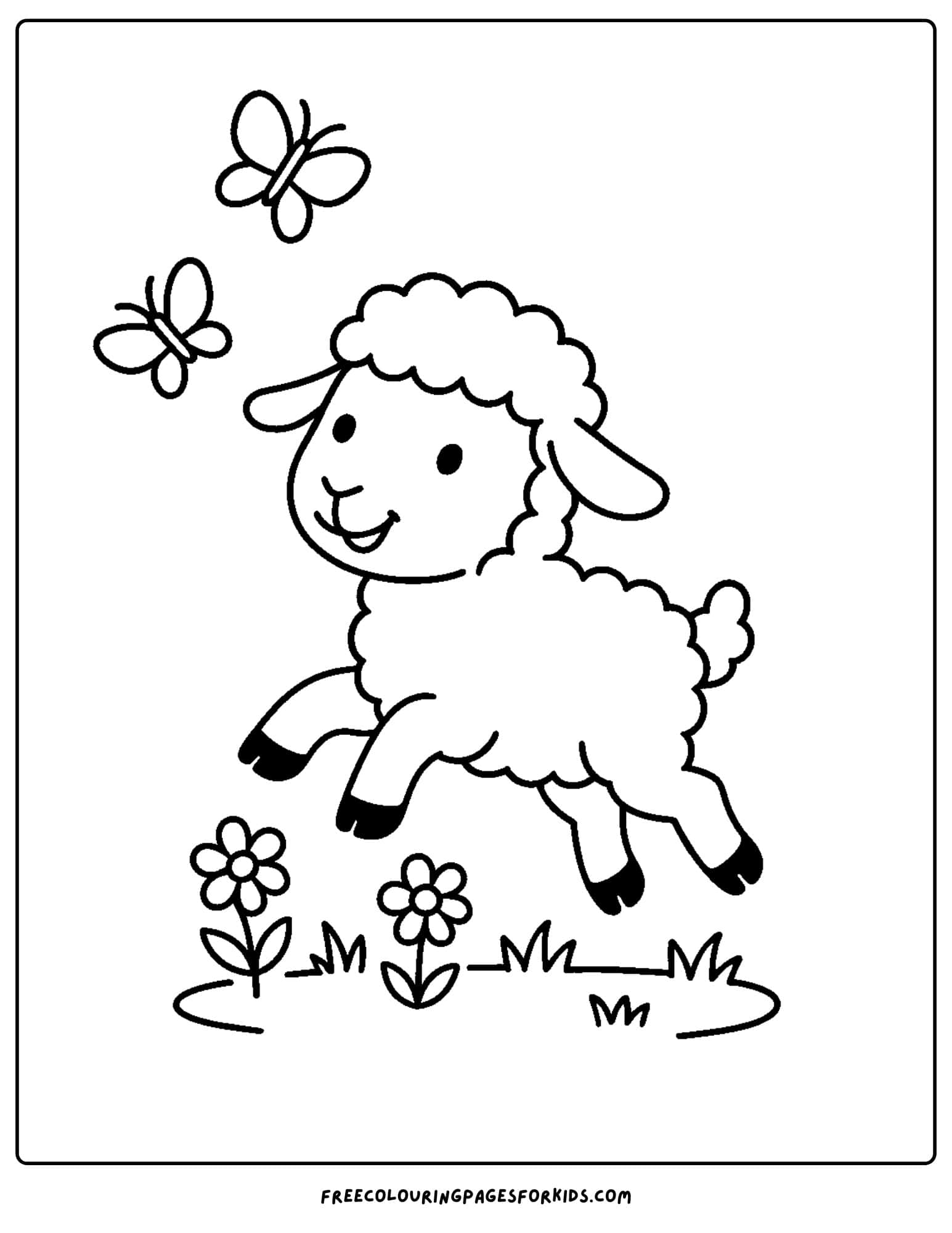 a sheep coloring page with a sheep chasing butterflies
