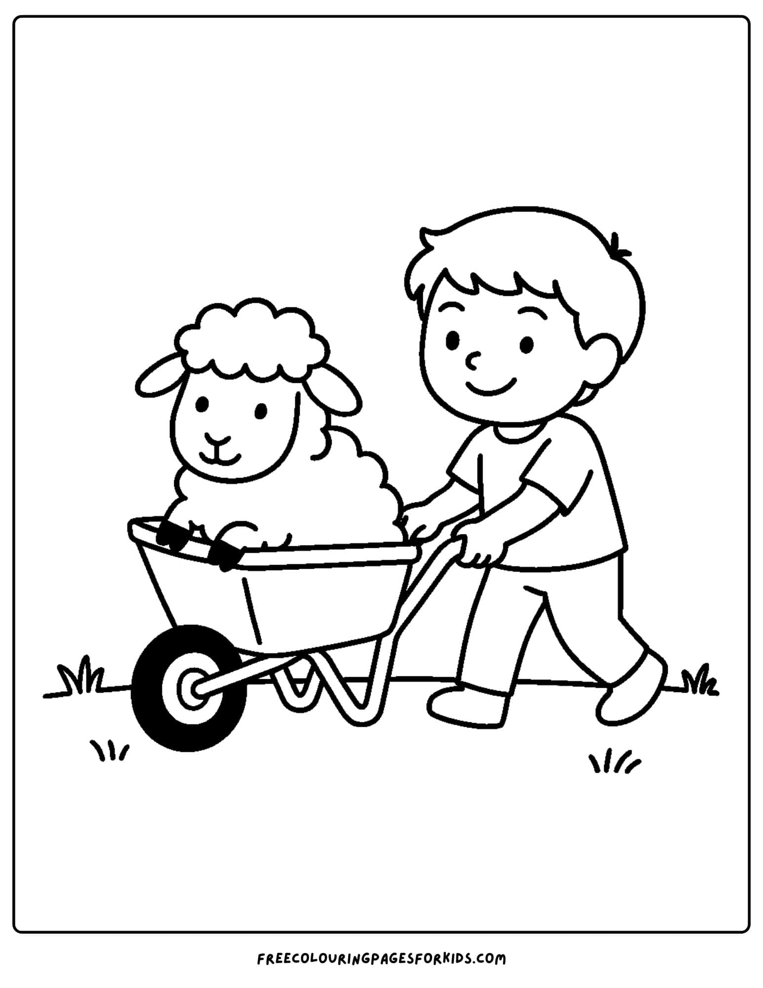 a sheep coloring page with a lamb in a wheelbarrow being pushed by a child