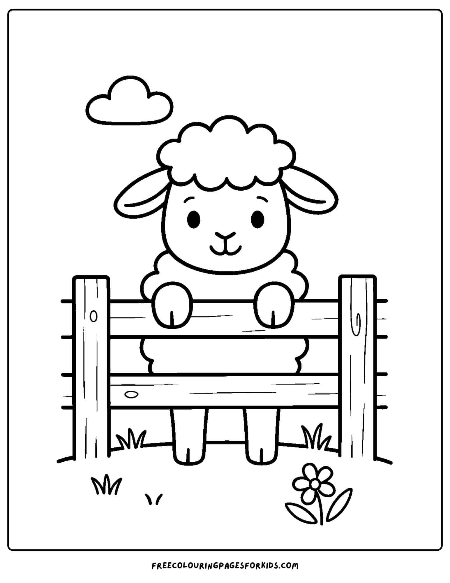 a sheep coloring page with a sheep peeking over the fence