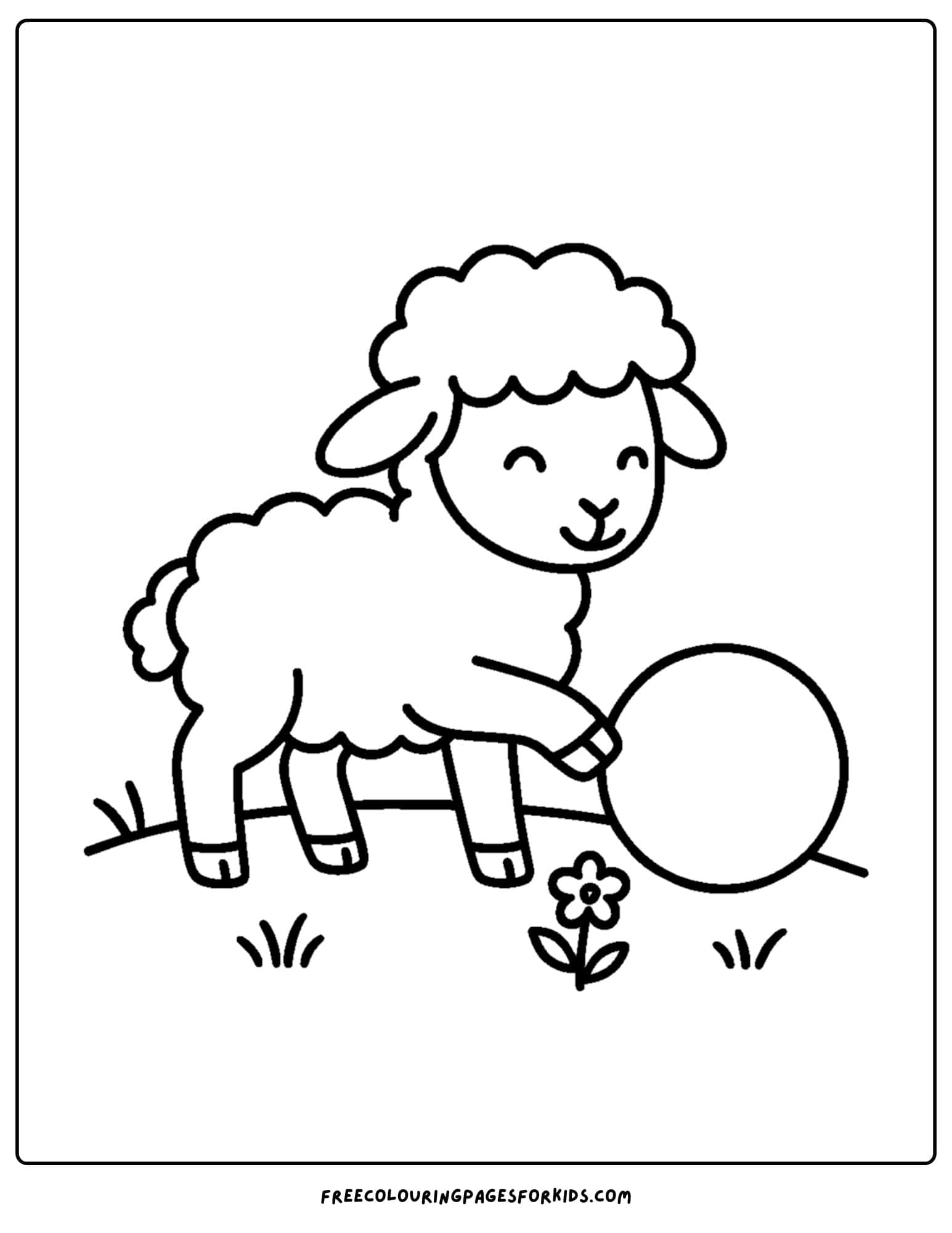 a sheep coloring page with a sheep playing with a ball