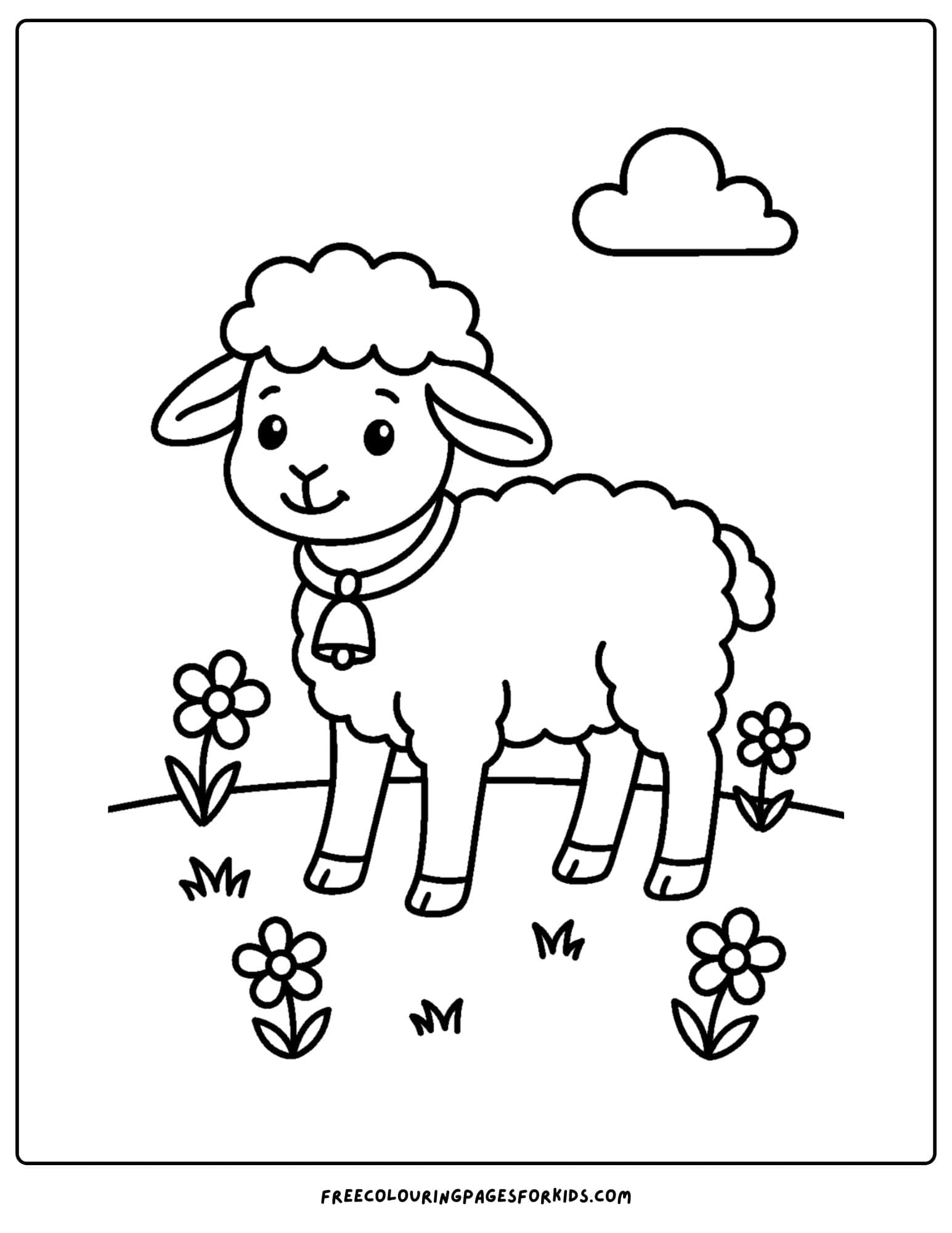 a sheep coloring page with a lamb wearing a bell in a field