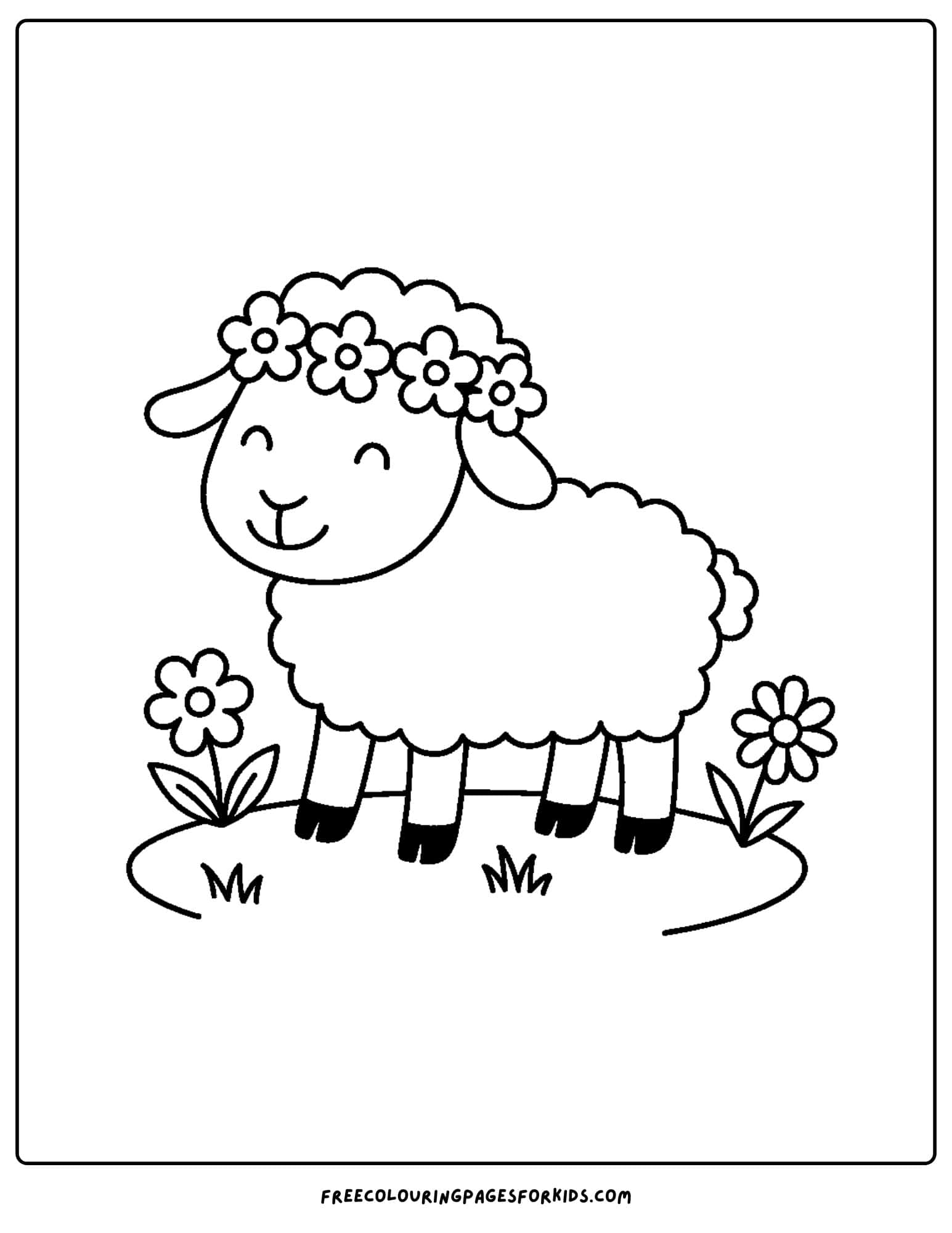 a sheep coloring page with a sheep wearing a flower crown
