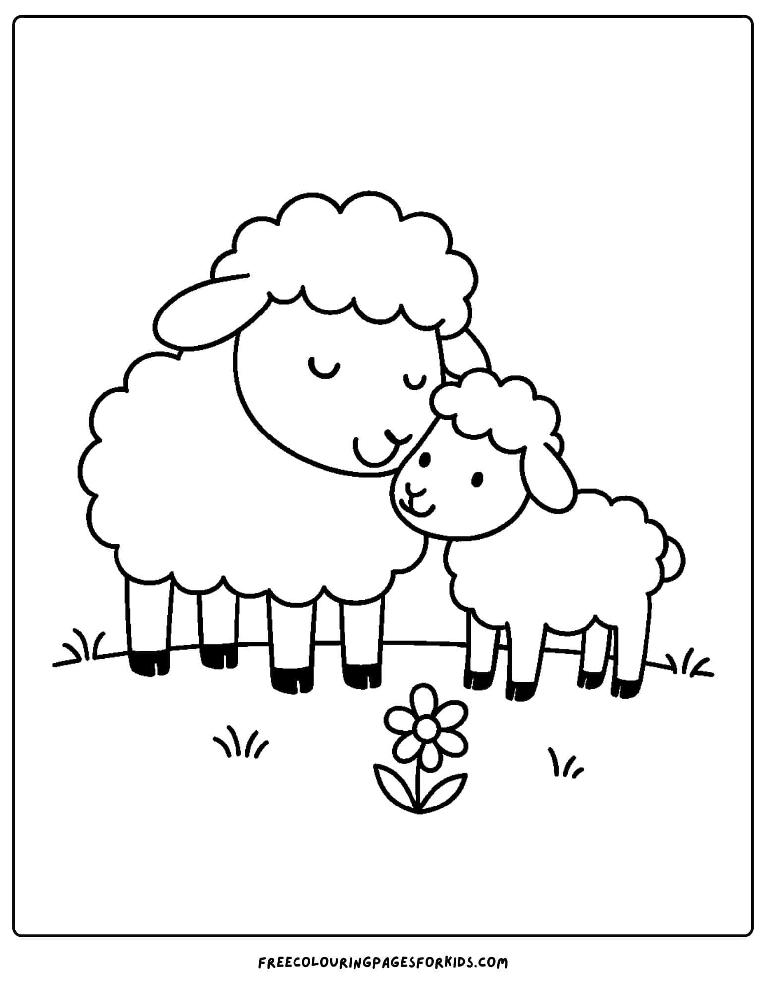 a sheep coloring page with a lamb nuzzling its mom