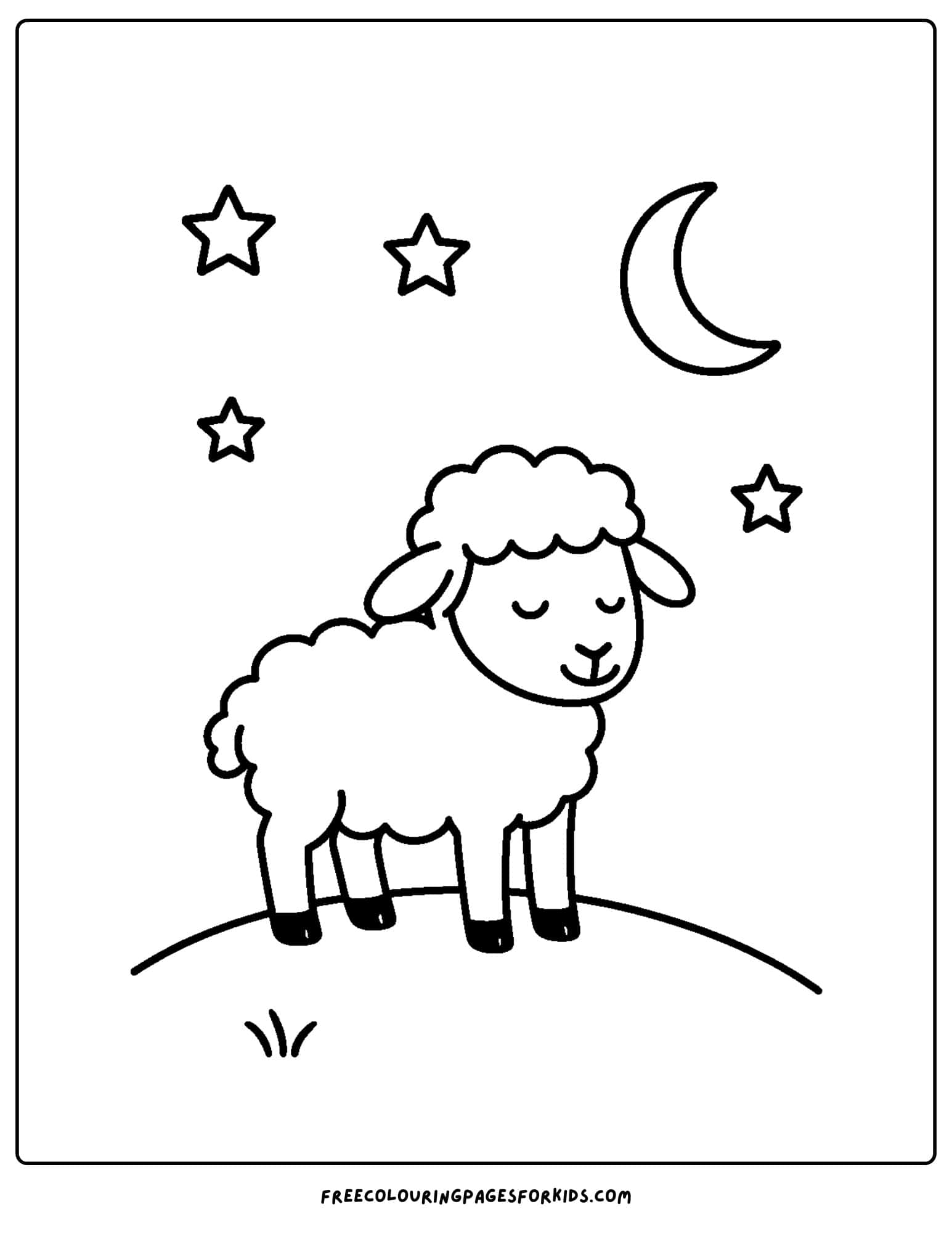 a sheep coloring page with a sheep standing on a hill under the stars