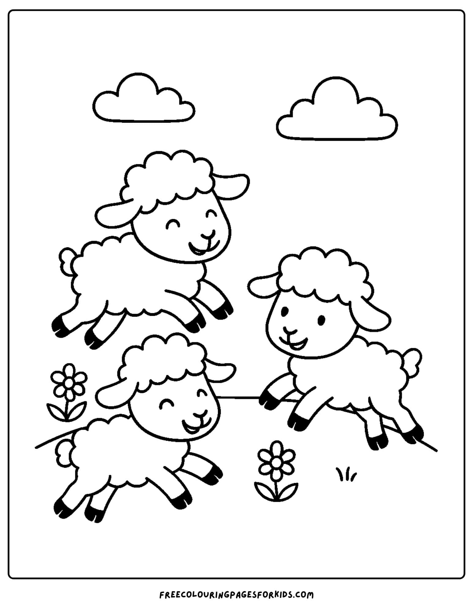 a sheep coloring page with a three playful lambs running about on a hill