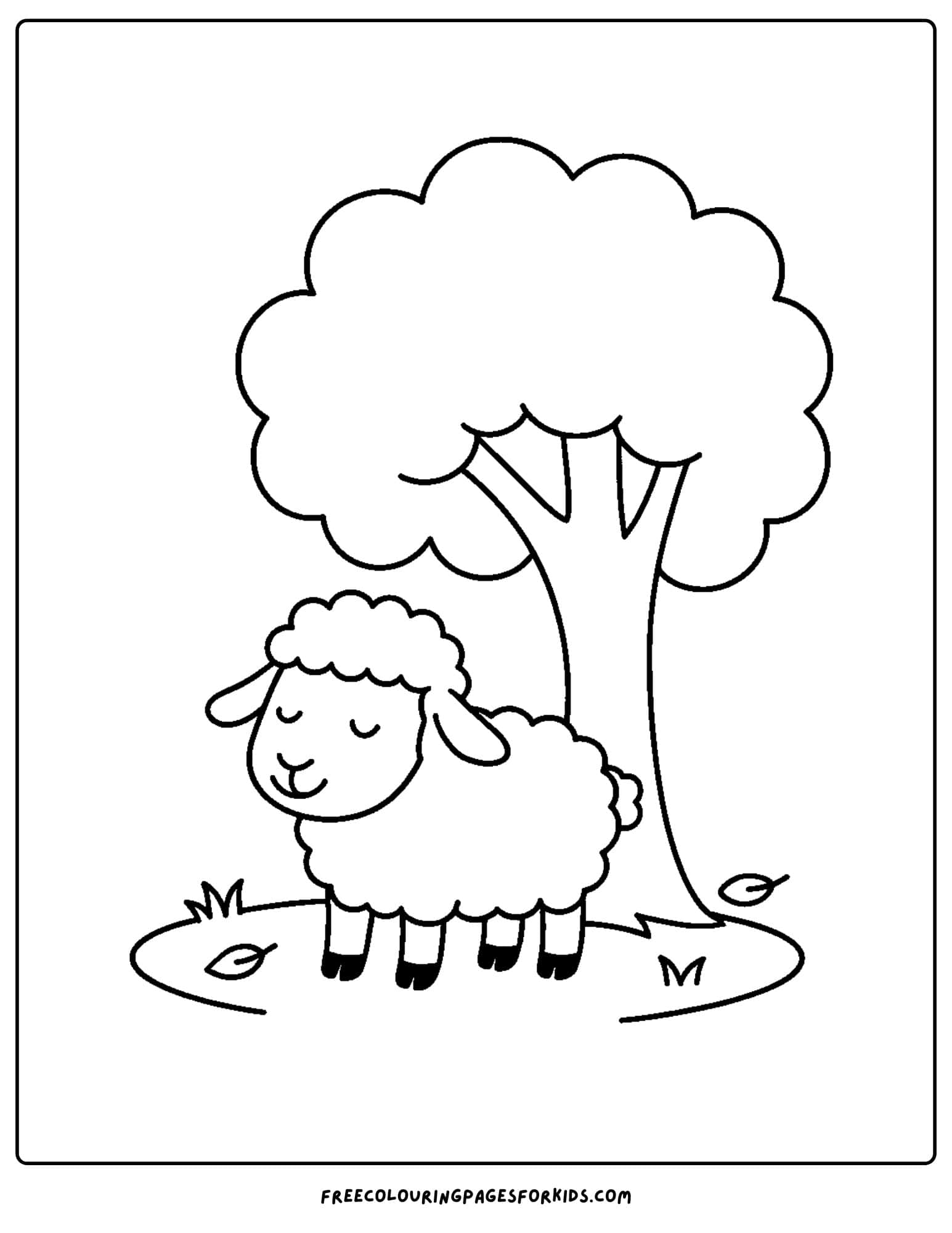 a sheep coloring page with a sheep resting under the shade of a big tree