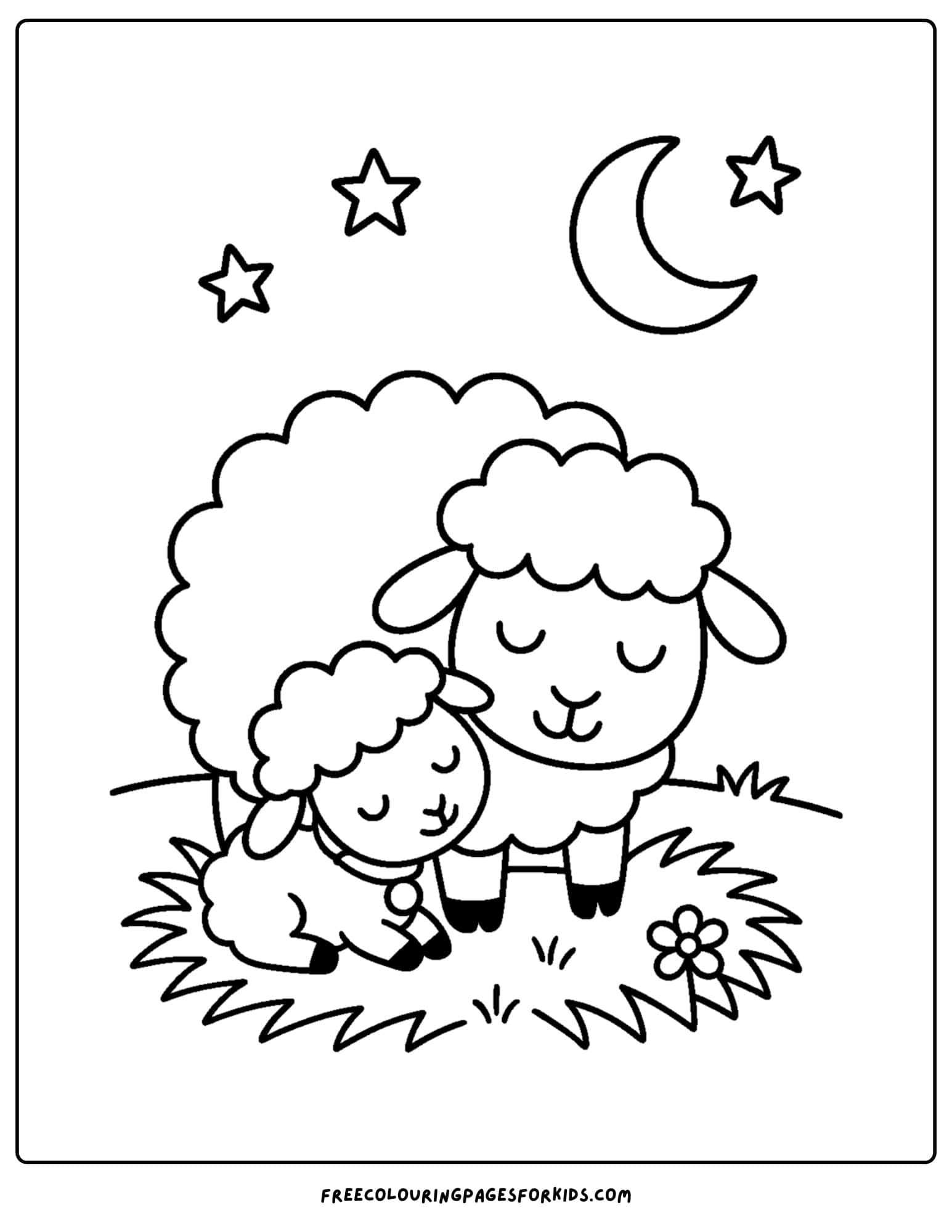 a sheep coloring page with a sheep and a laml sleeping under the stars and moon