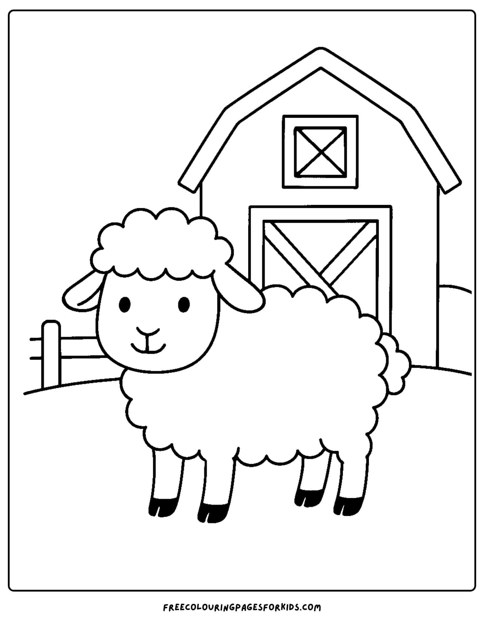a sheep coloring page with a sheep standing in front of a barn