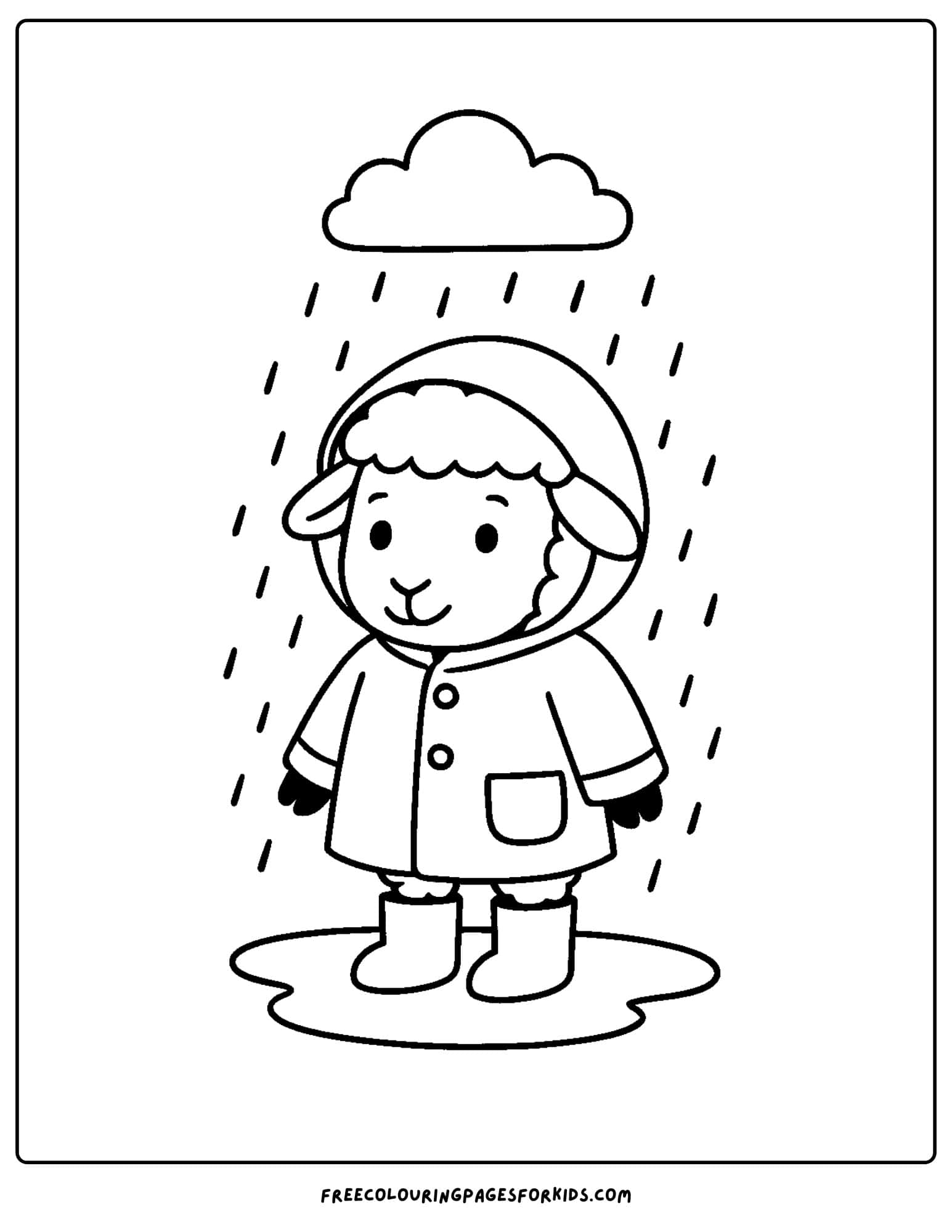 a sheep coloring page with a sheep standing in the rain wearing a raincoat like a person with rain falling