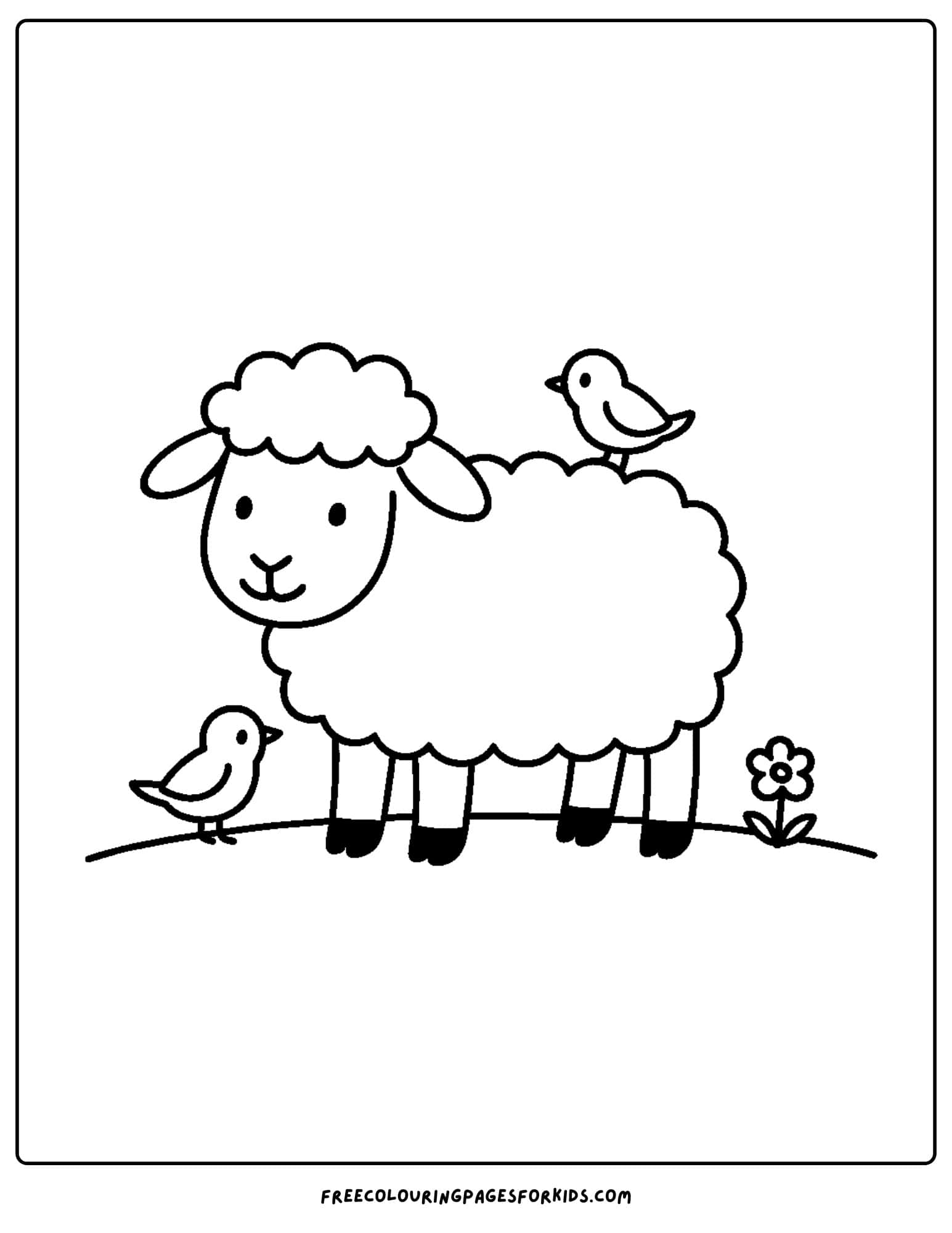 a sheep coloring page with a sheep standing and little birds around
