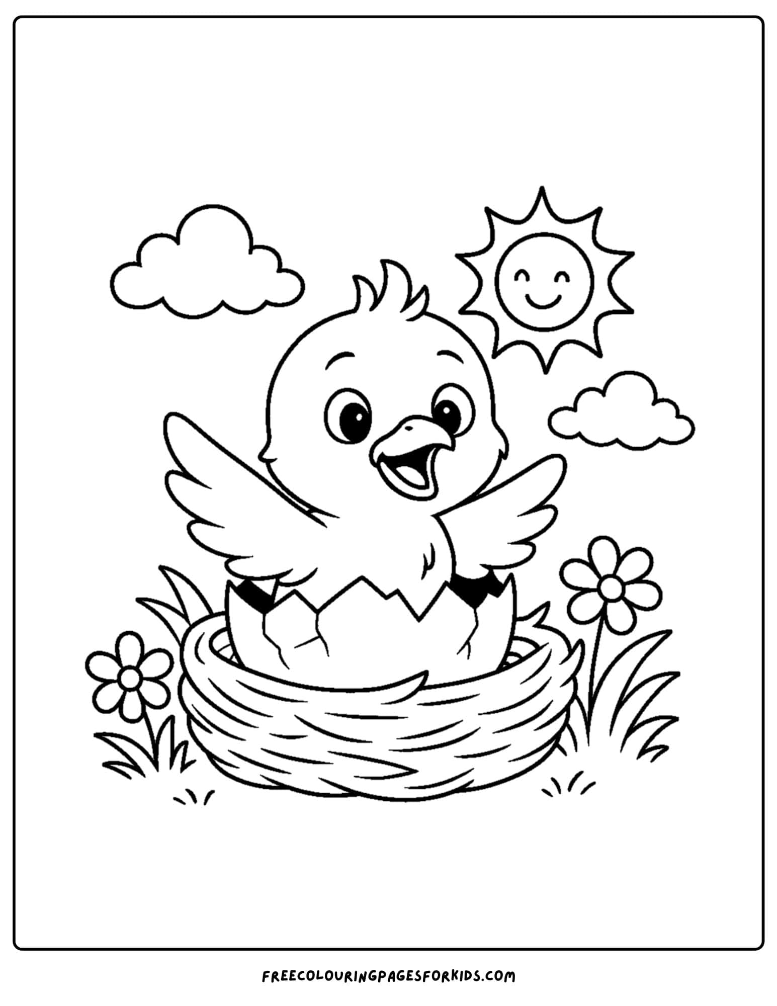 a spring themed coloring page featuring a baby bird in a nest