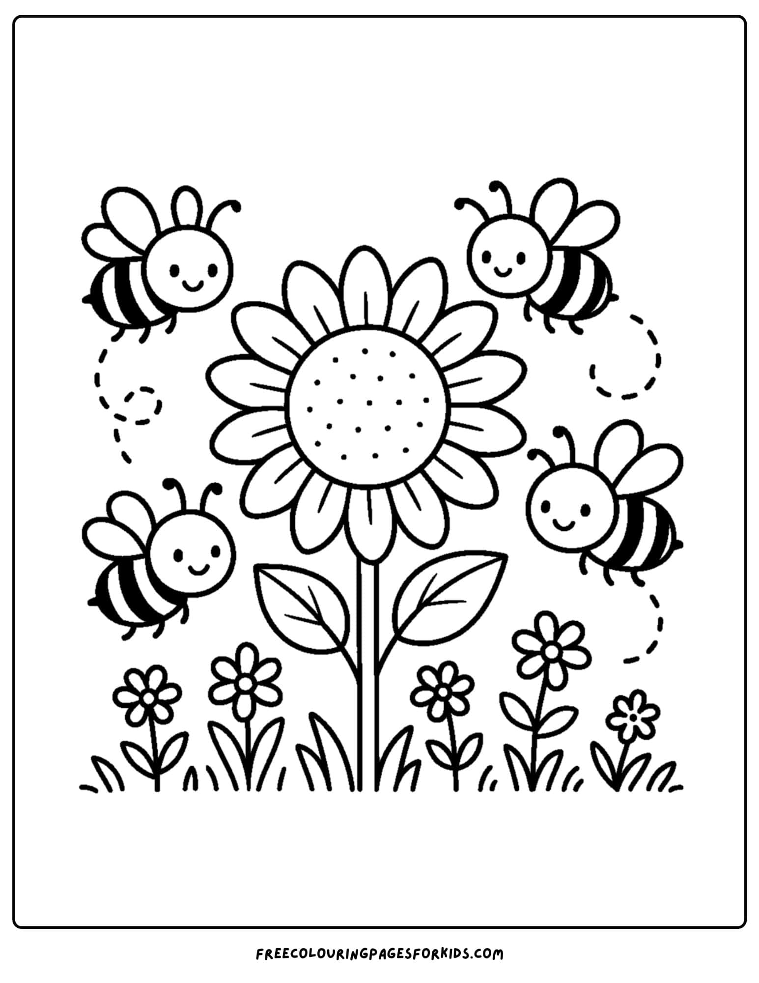 a spring themed coloring page featuring bees buzzing around a sunflower