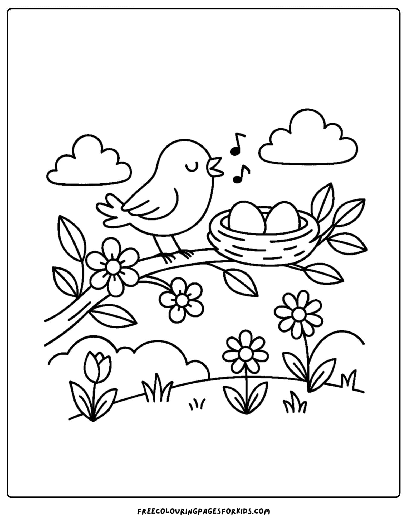 a spring themed coloring page featuring a bird and a nest in a tree