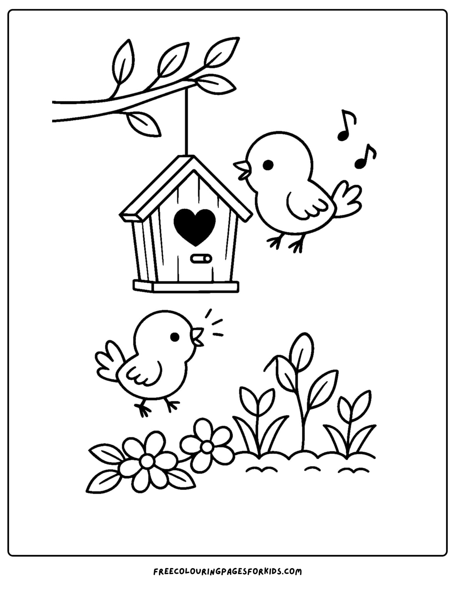 a spring themed coloring page featuring a birdhouse with birds flying around