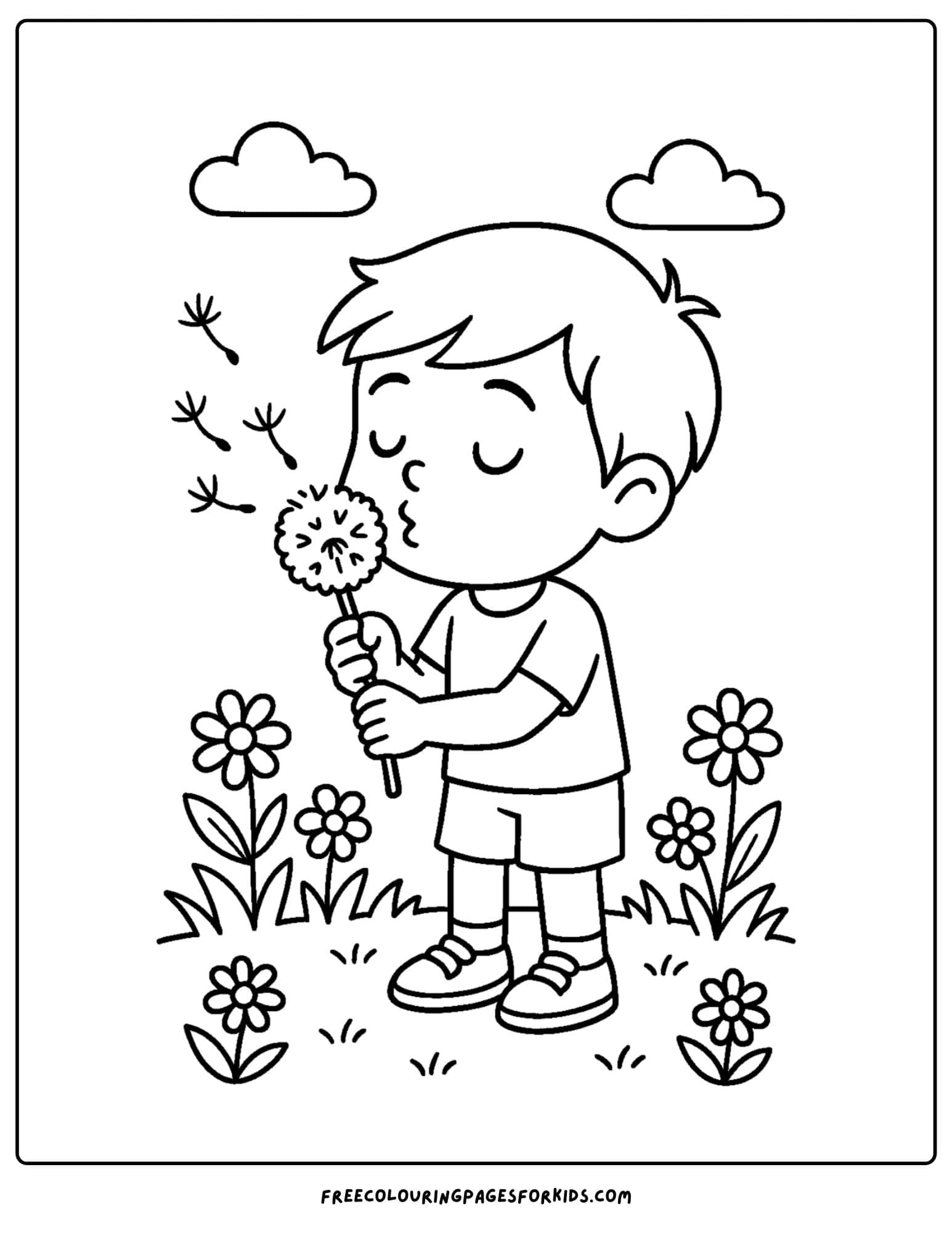 a spring themed coloring page featuring a boy blowing on a dandelion