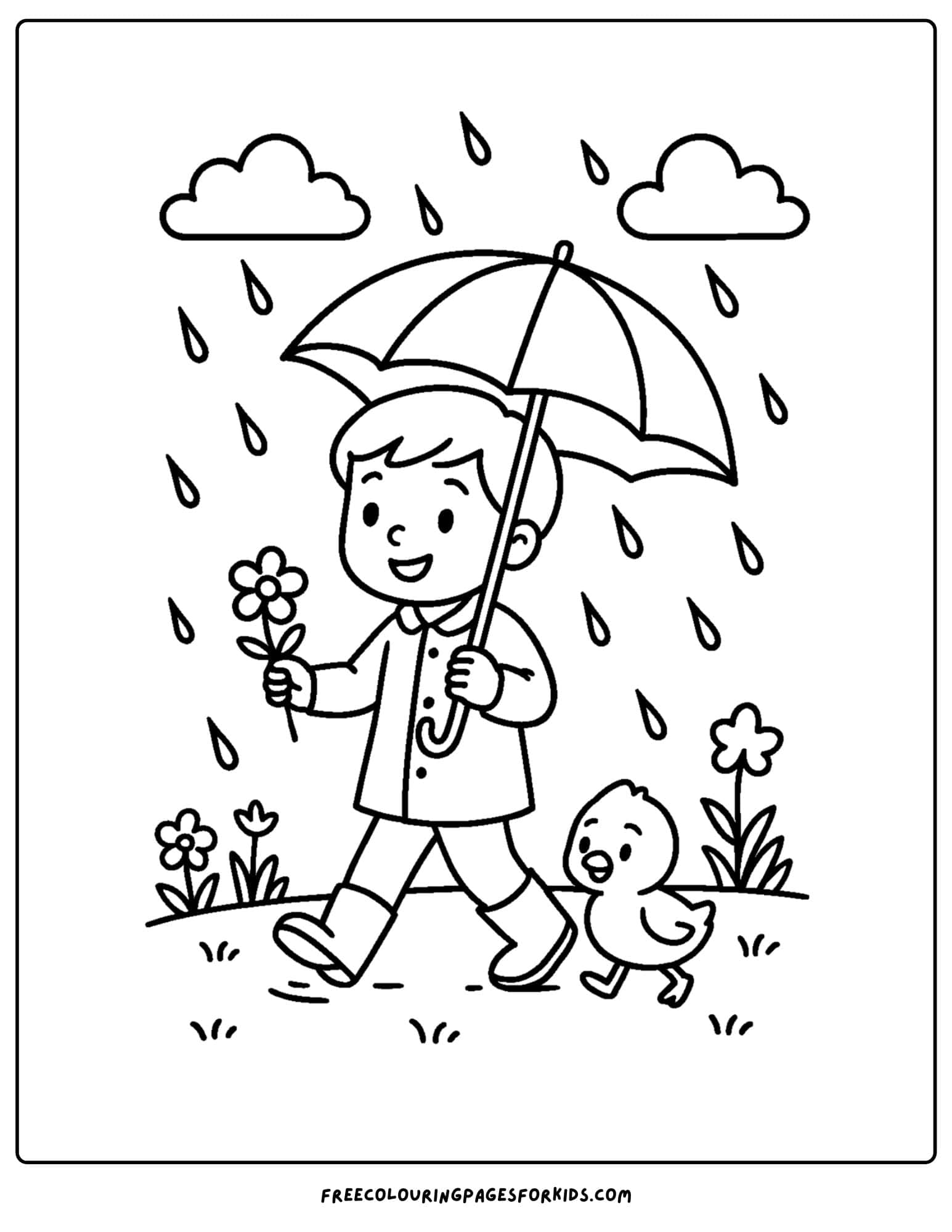a spring themed coloring page featuring a boy walking in the rain with an umbrella