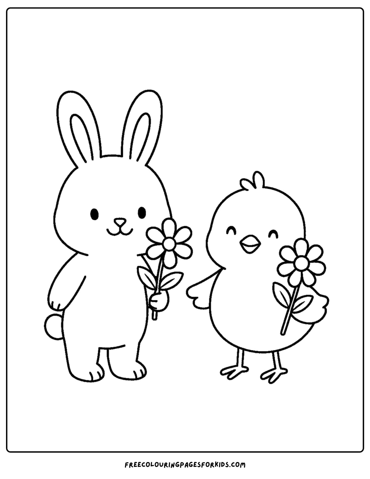 a spring themed coloring page featuring a chick and a bunny holding flowers