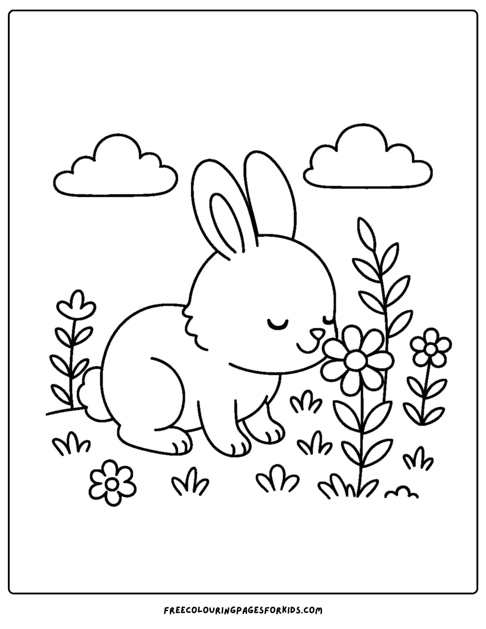 a spring themed coloring page featuring a bunny sniffing a flower