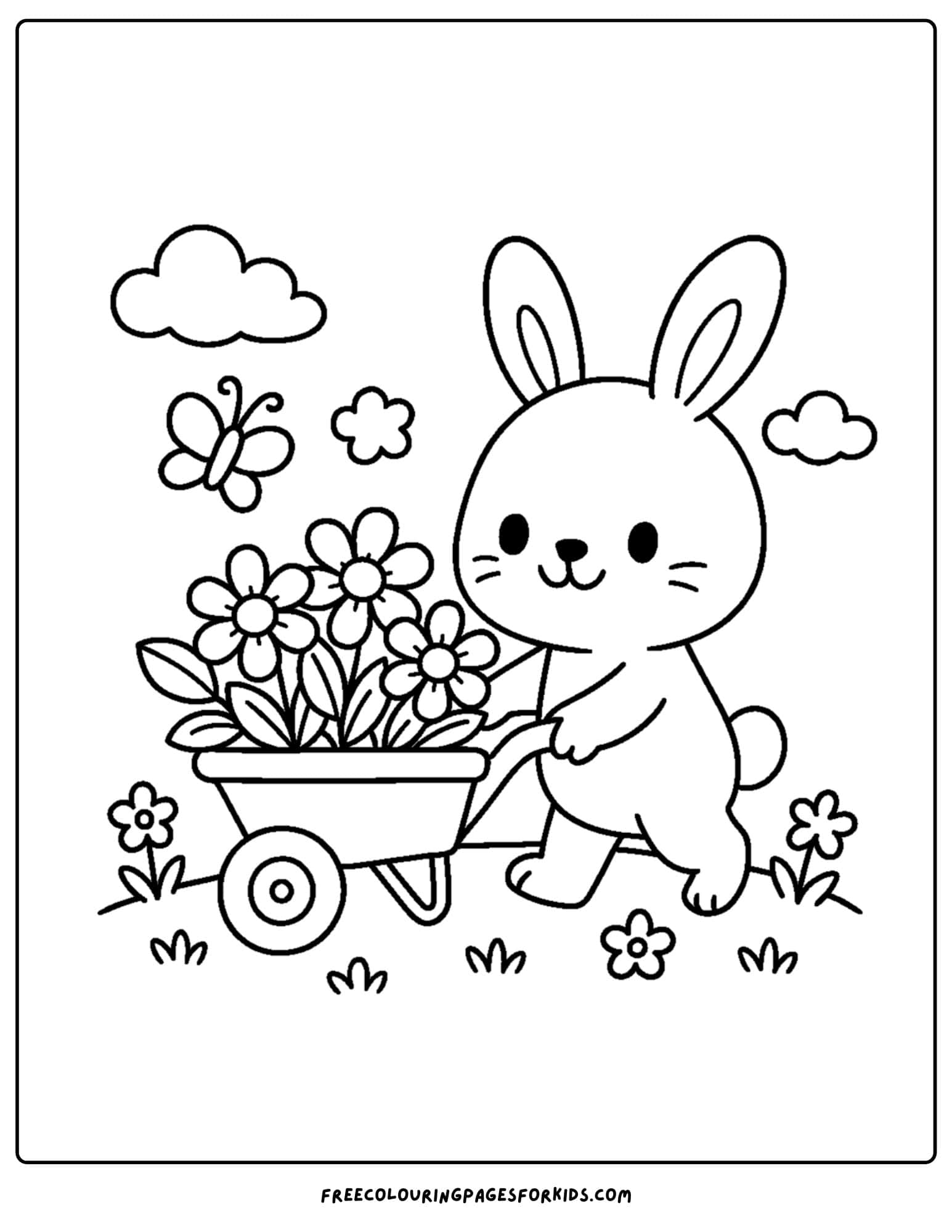 a spring themed coloring page featuring a bunny pushing a wheelbarrow full of flowers