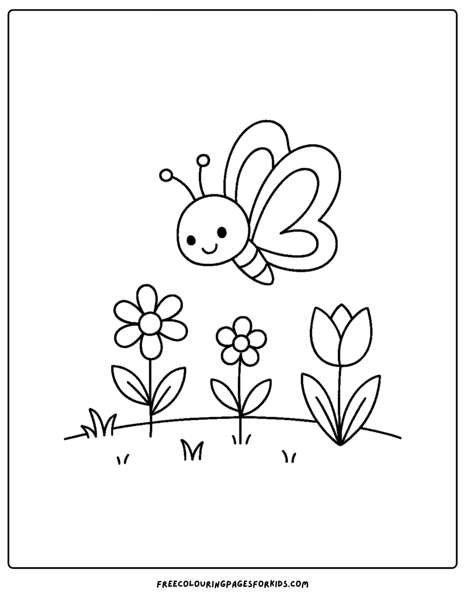 a spring themed coloring page featuring a butterfly flying over flowers