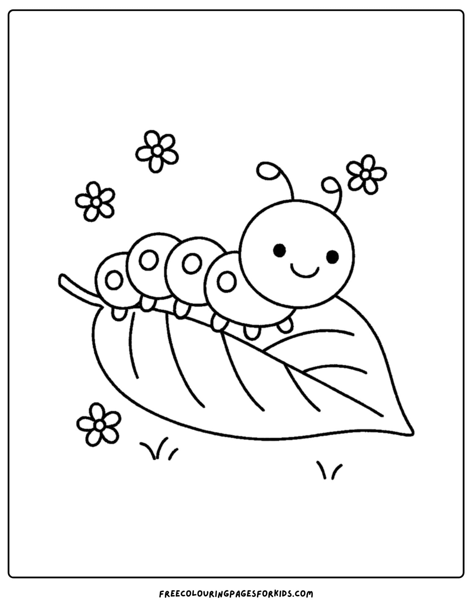 a spring themed coloring page featuring a caterpillar on a leaf