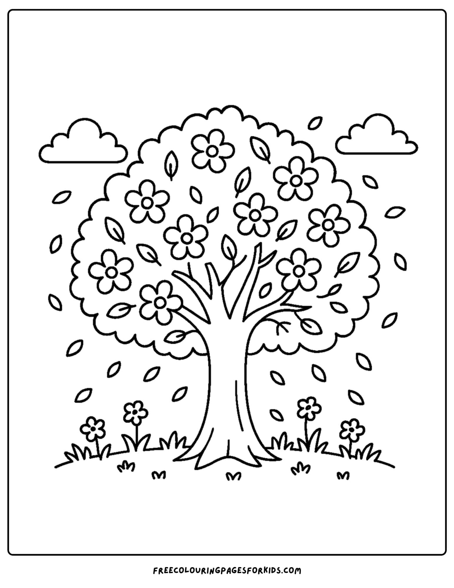 a spring themed coloring page featuring a cherry blossom dropping flowers