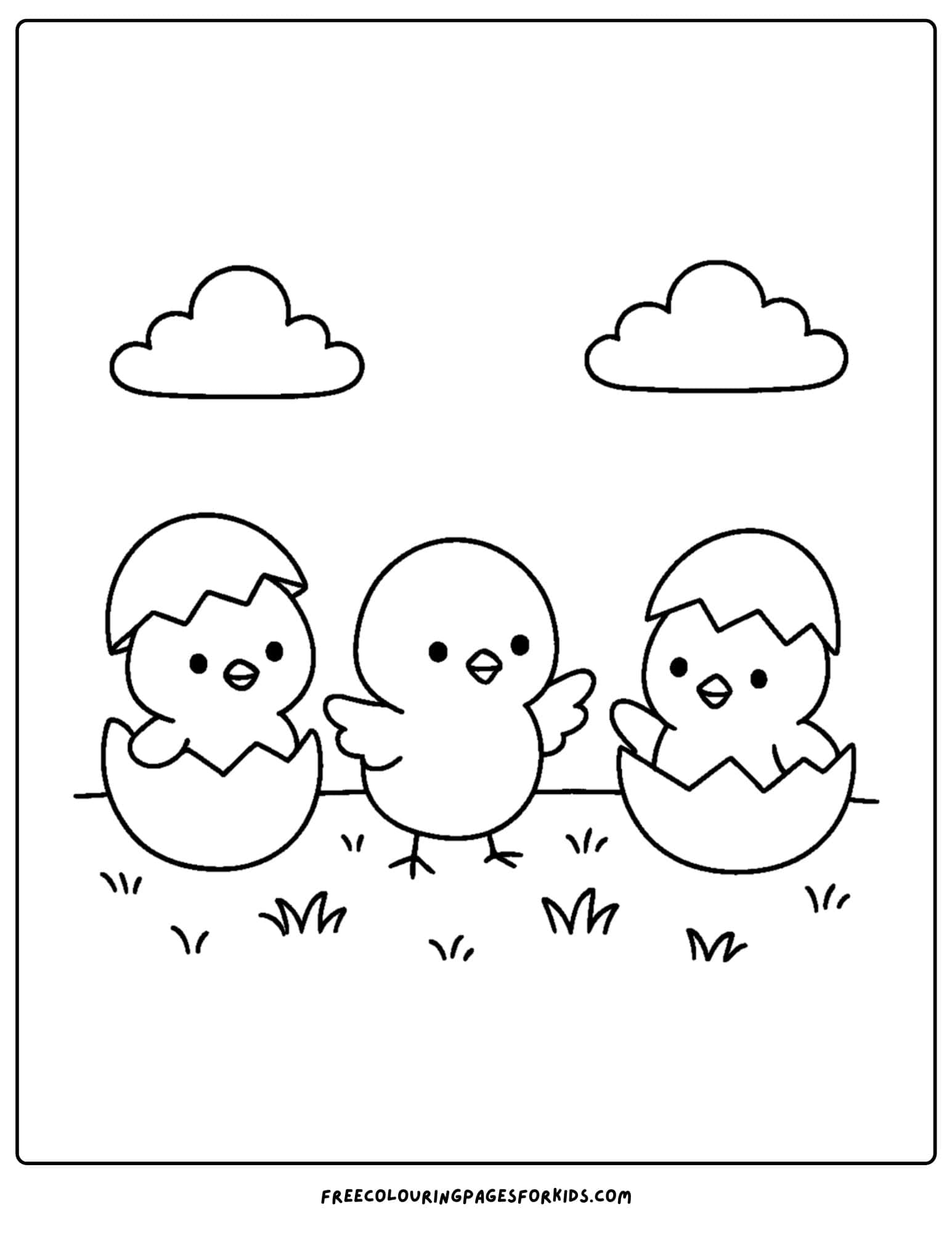 a spring themed coloring page featuring chicks hatching from eggs