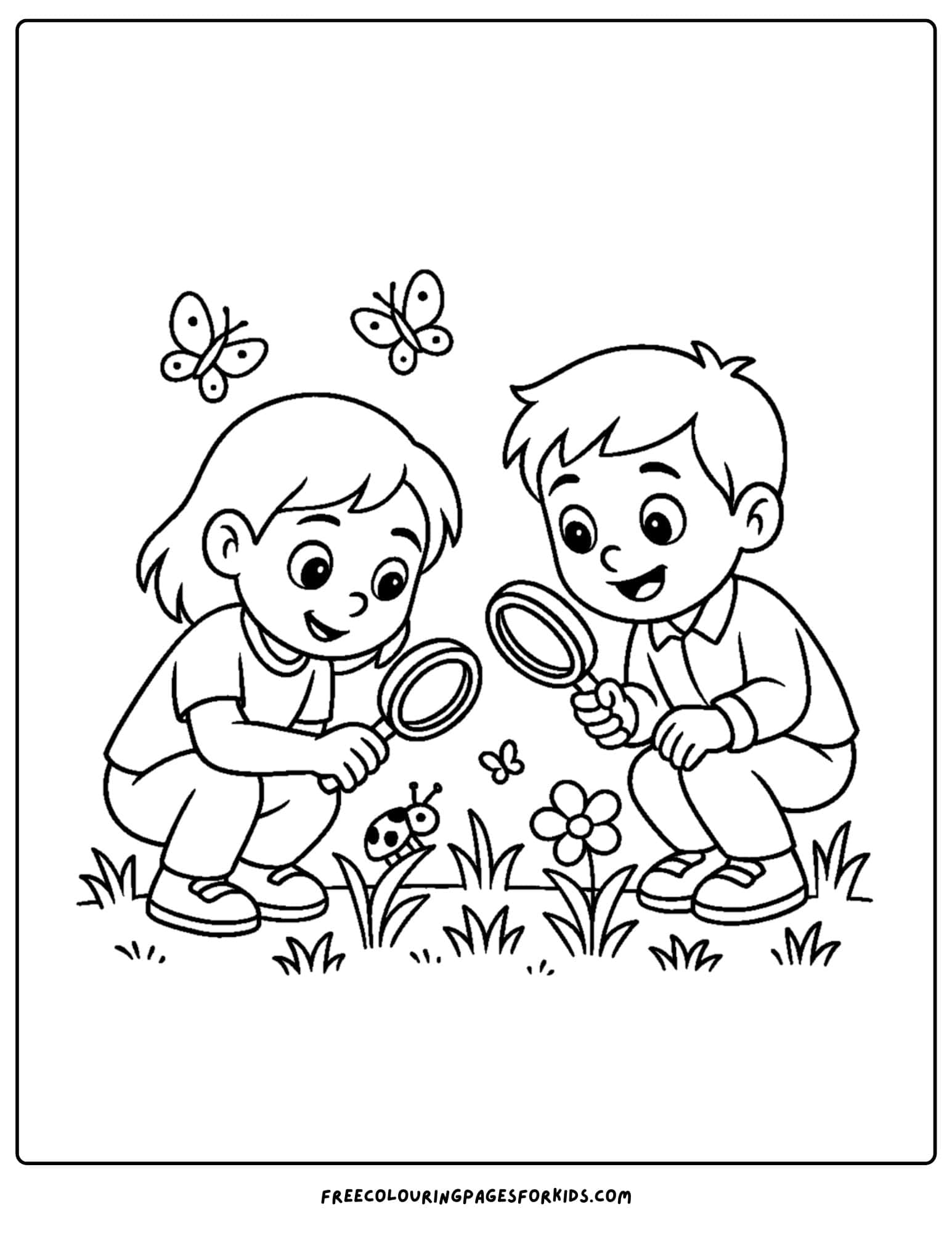 a spring themed coloring page featuring children examining bugs
