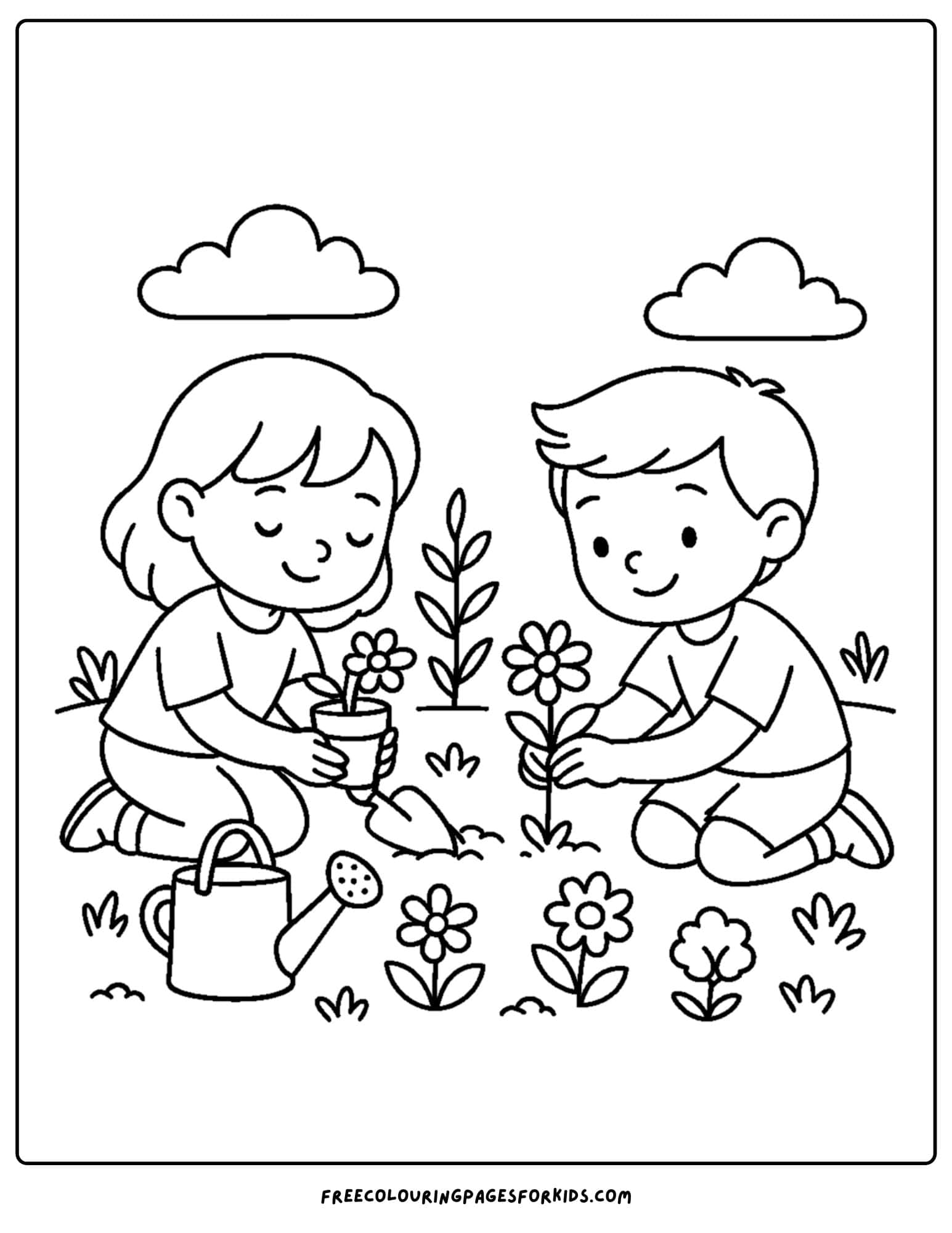 a spring themed coloring page featuring children planting flowers