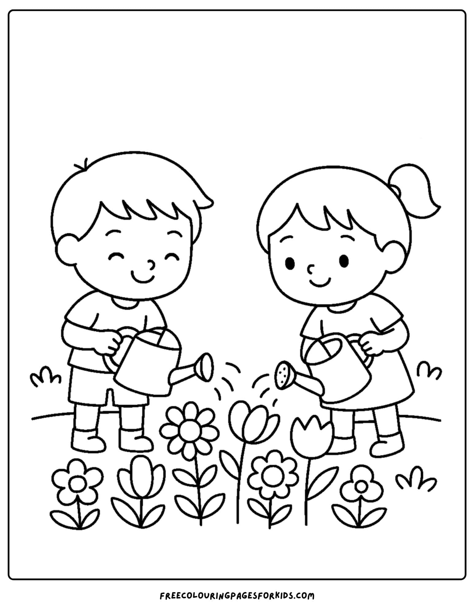 a spring themed coloring page featuring children watering flowers
