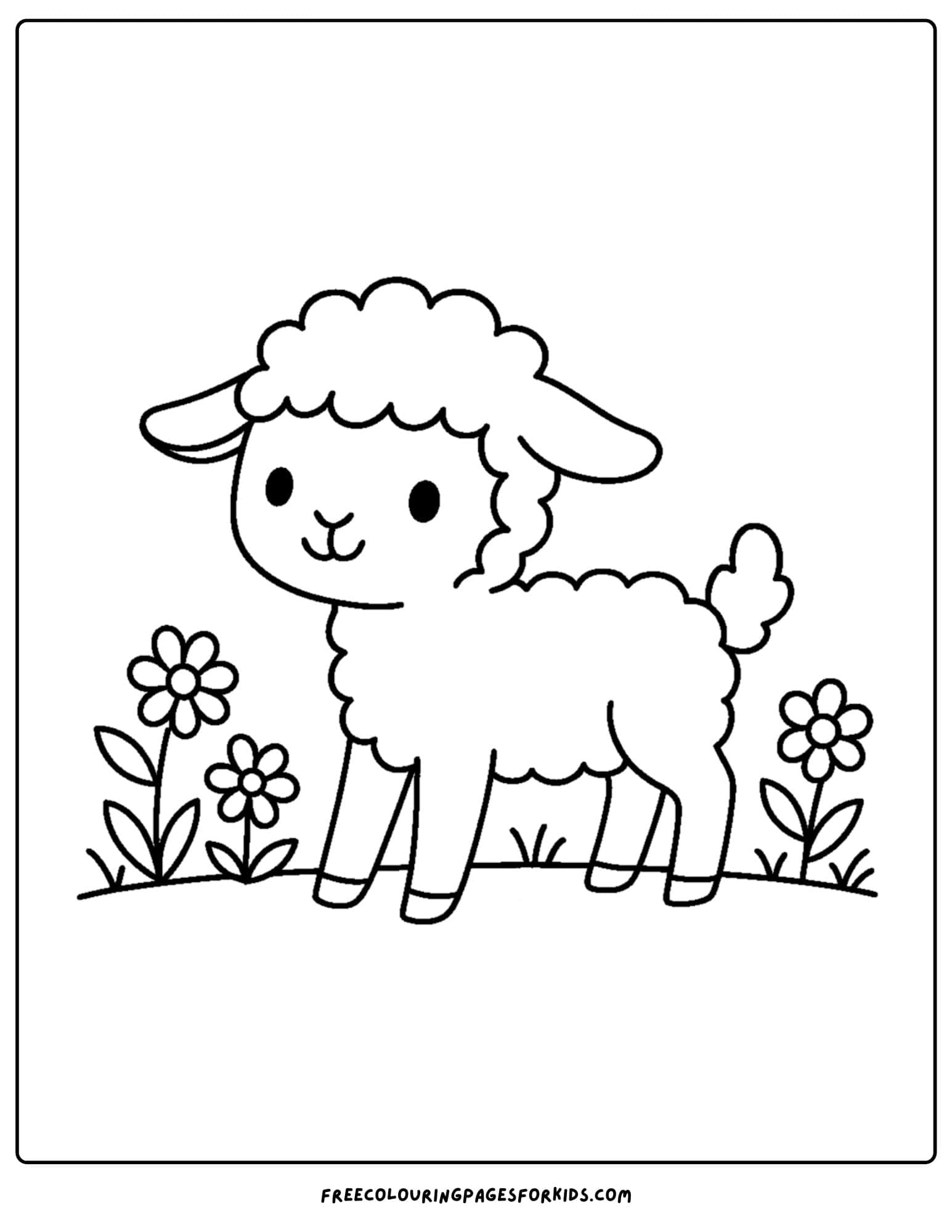 a spring themed coloring page featuring a lamb in a field