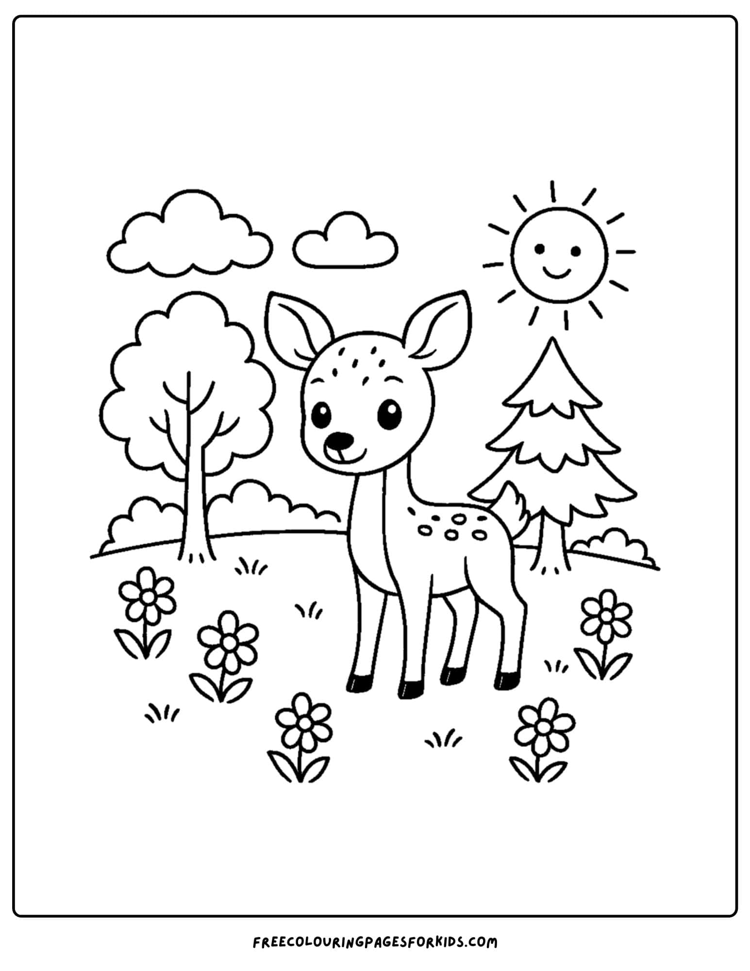 a spring themed coloring page featuring a deer in a forest