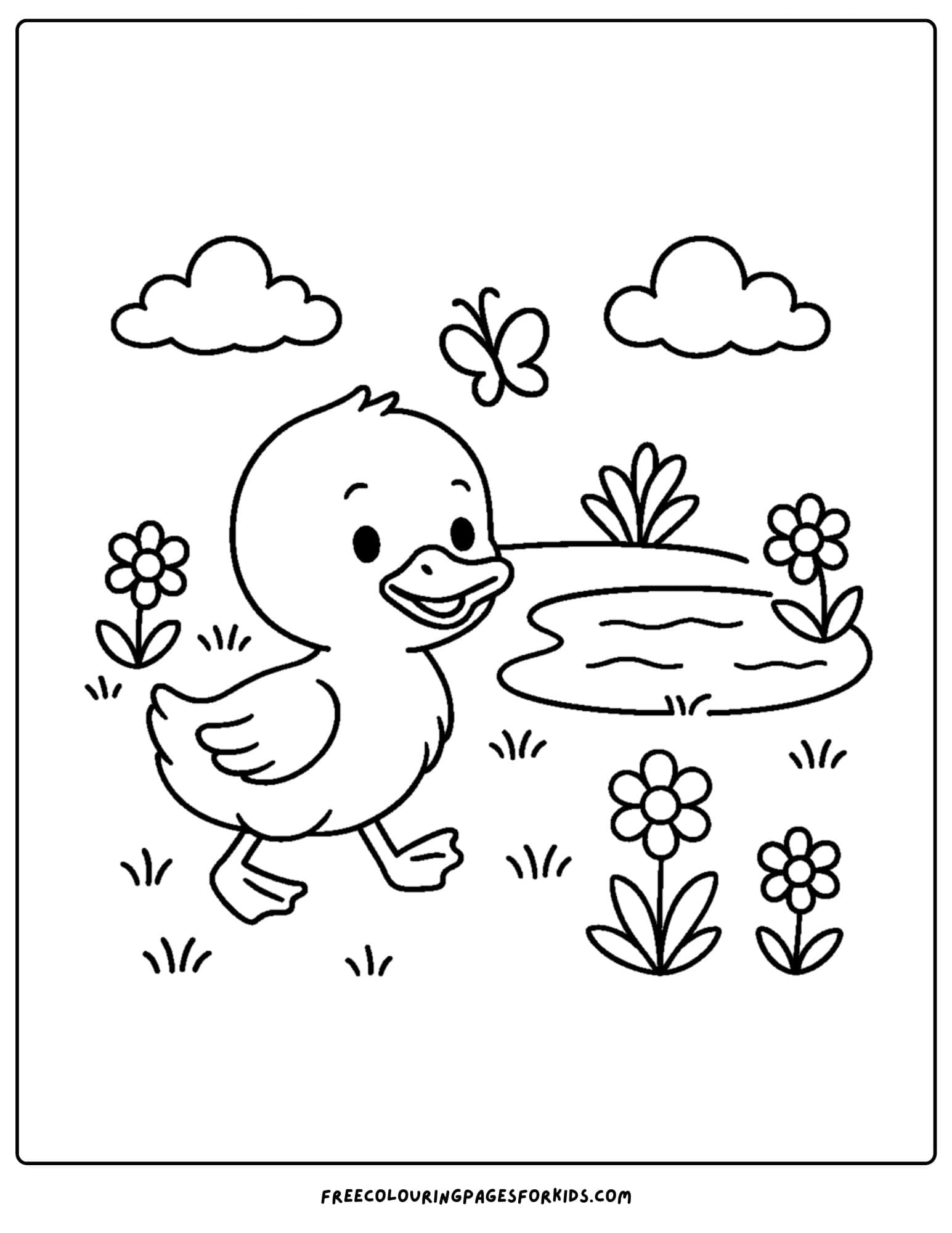 a spring themed coloring page featuring a duckling walking to a pond