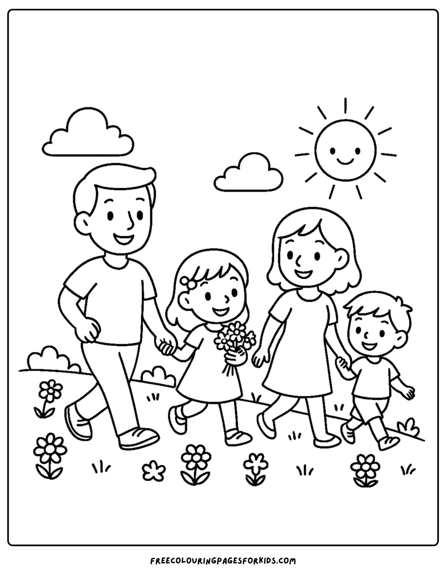 a spring themed coloring page featuring a family walking in a meadow