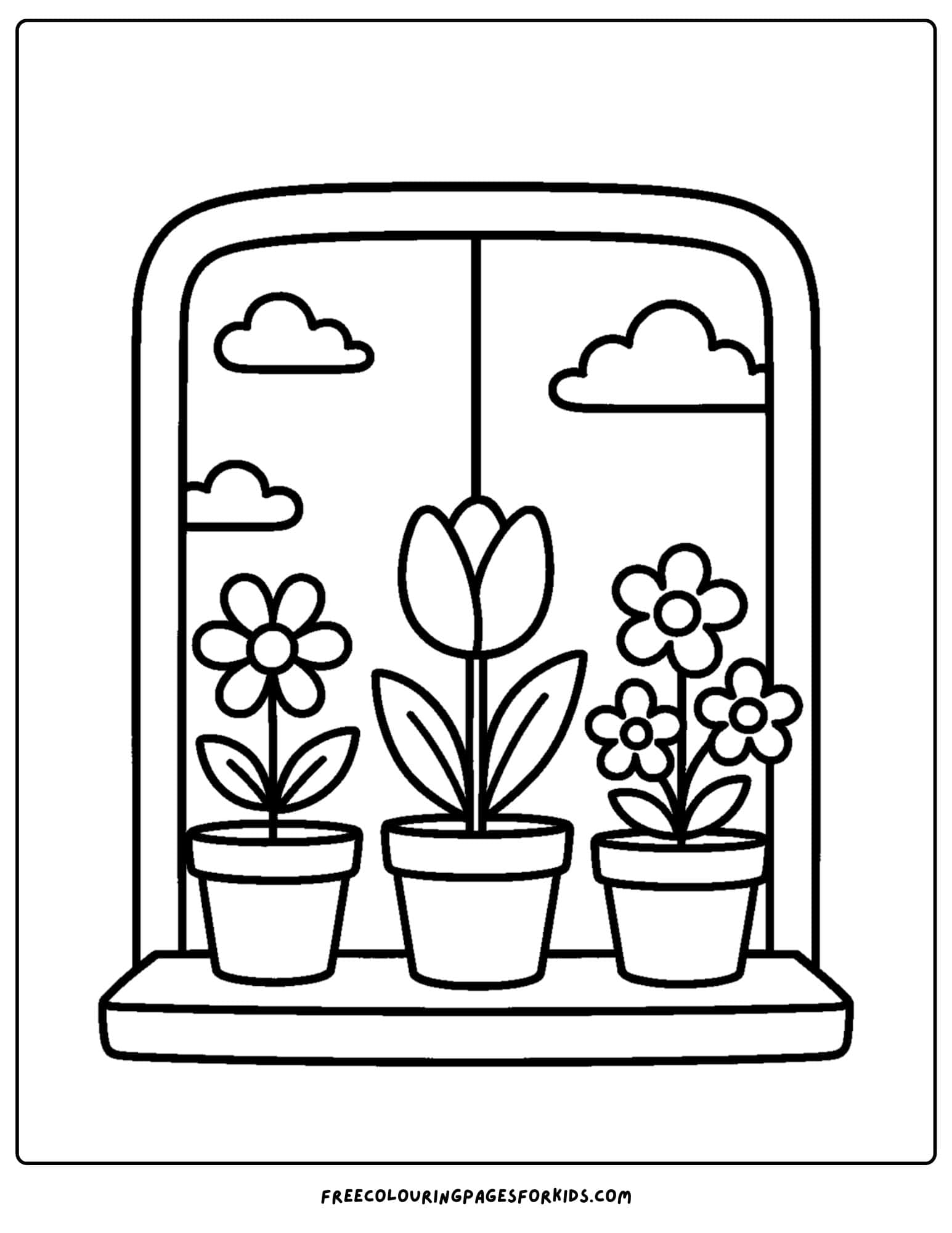 a spring themed coloring page featuring flower pots with flowers in them on a windowsill