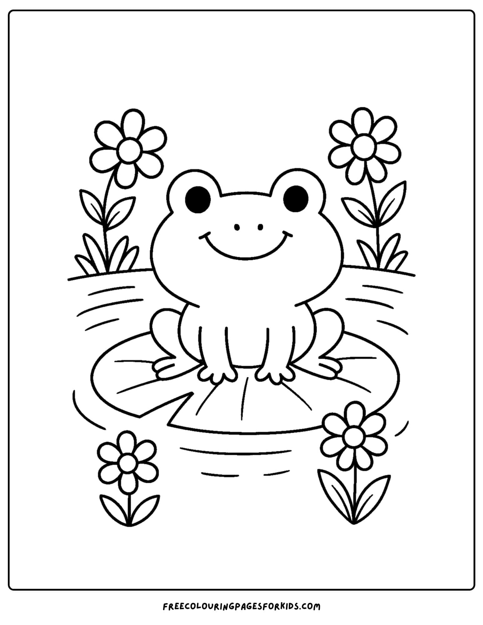 a spring themed coloring page featuring a frog sitting on a lilypad in a pond