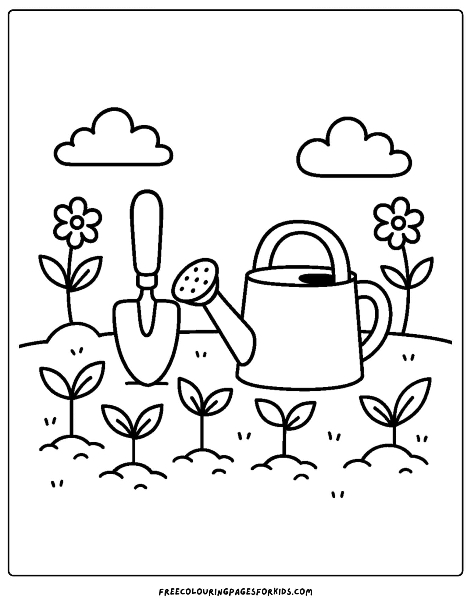 a spring themed coloring page featuring garden tools in the garden amongst sprouting plants