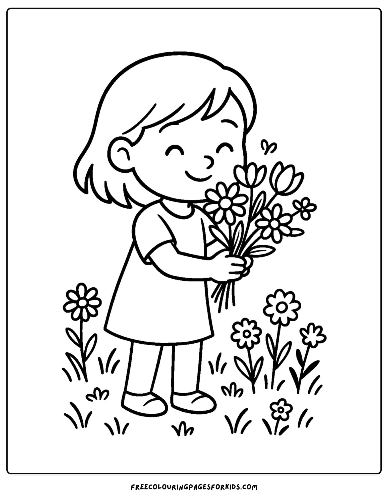 a spring themed coloring page featuring a girl picking a bunch of wildflowers
