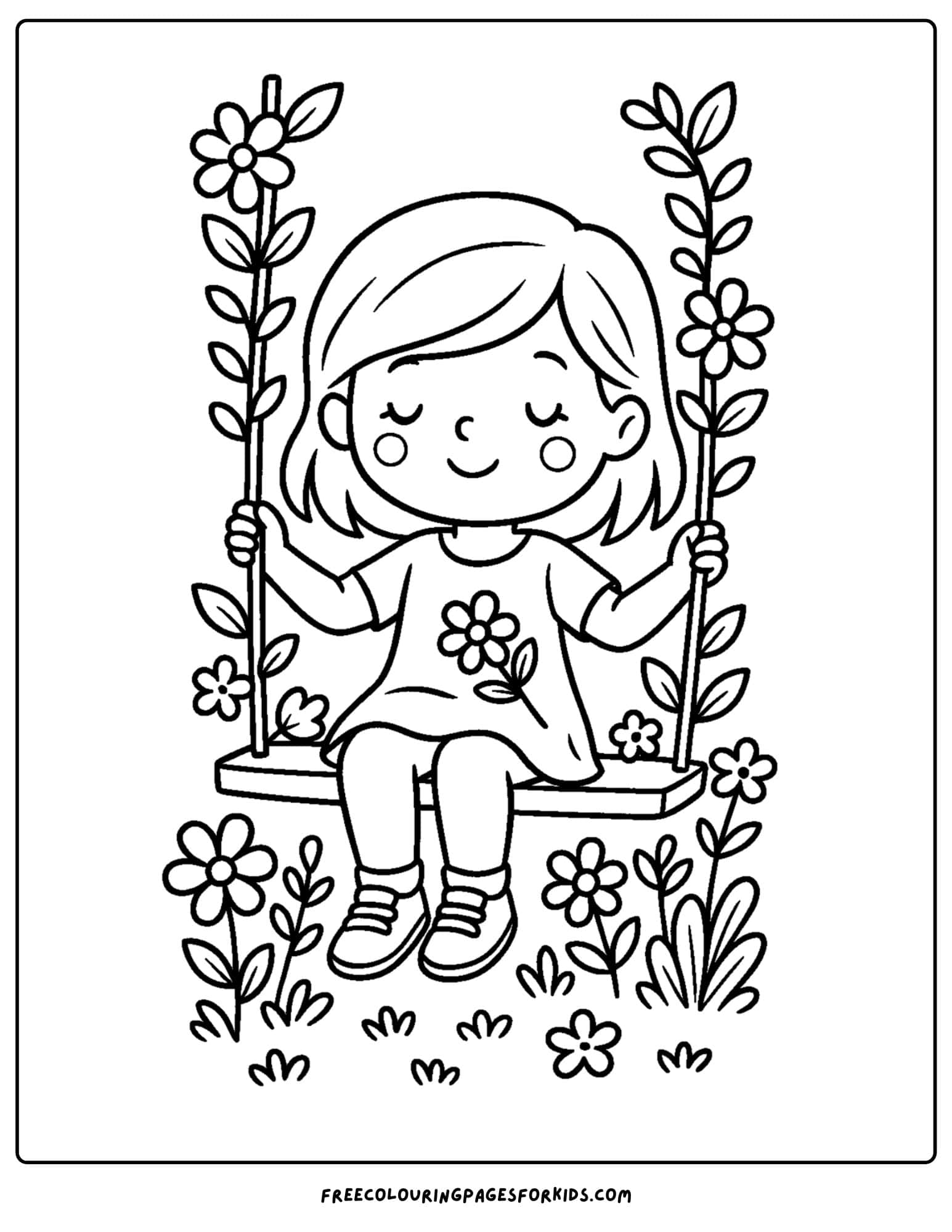 a spring themed coloring page featuring a girl sitting on a swing covered in flowers