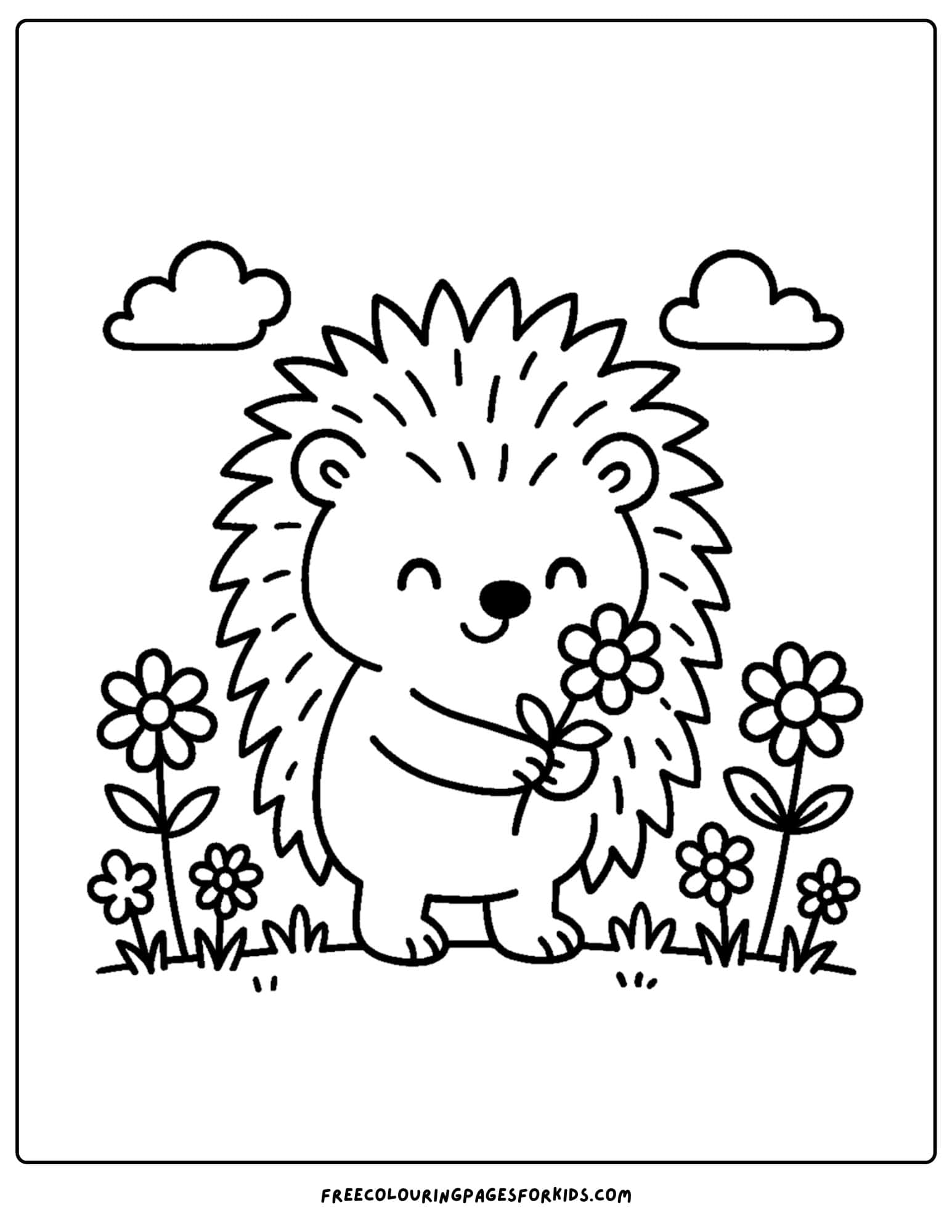 a spring themed coloring page featuring a hedgehog carrying a flower