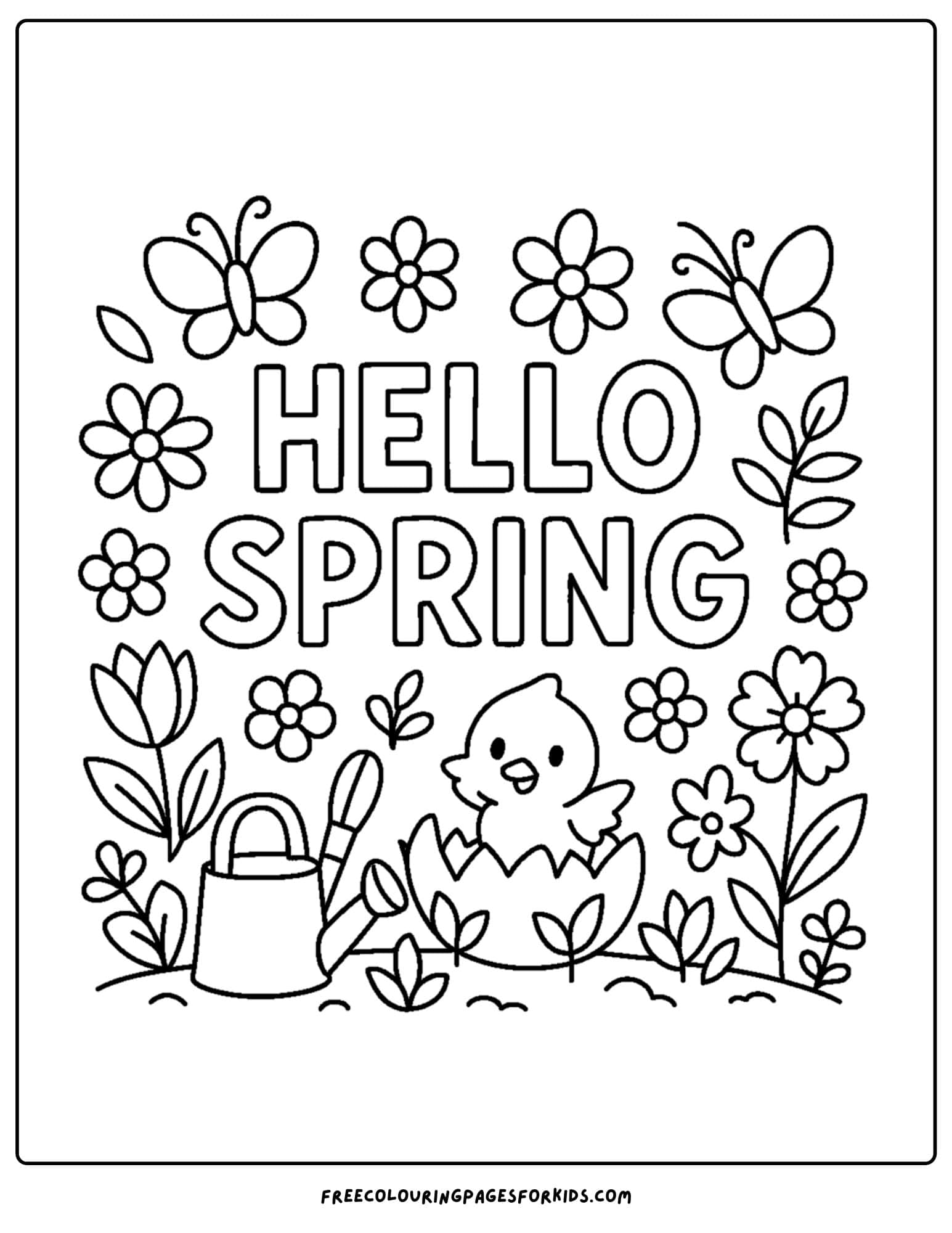 a spring themed coloring page featuring a hello spring sign
