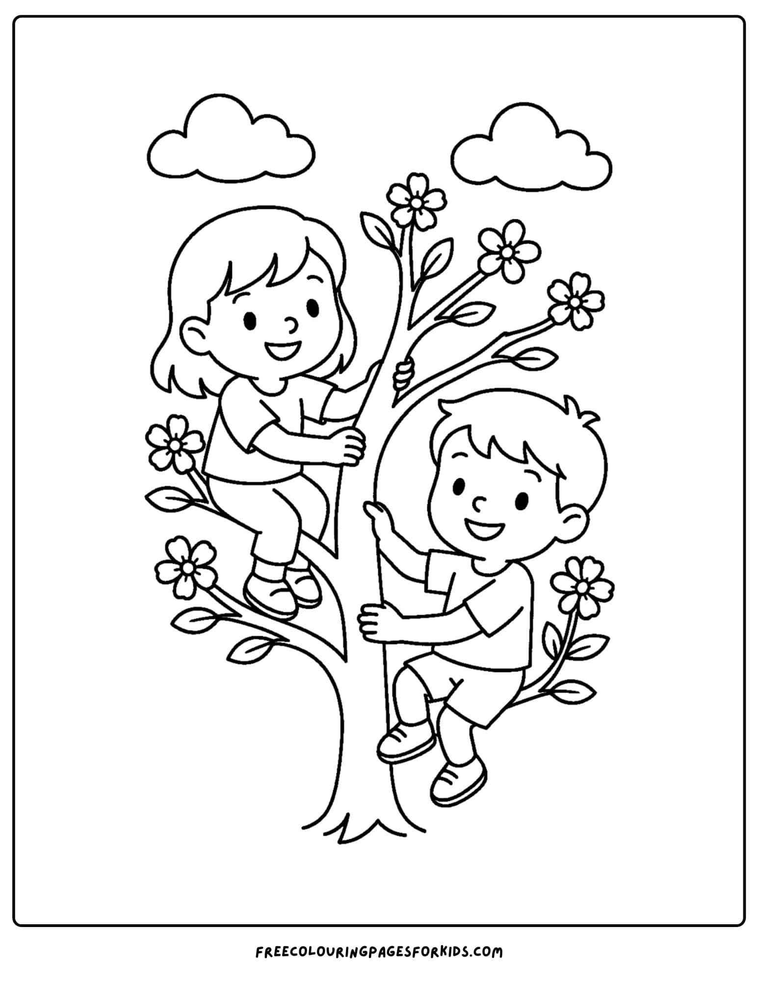 a spring themed coloring page featuring kids climbing a tree
