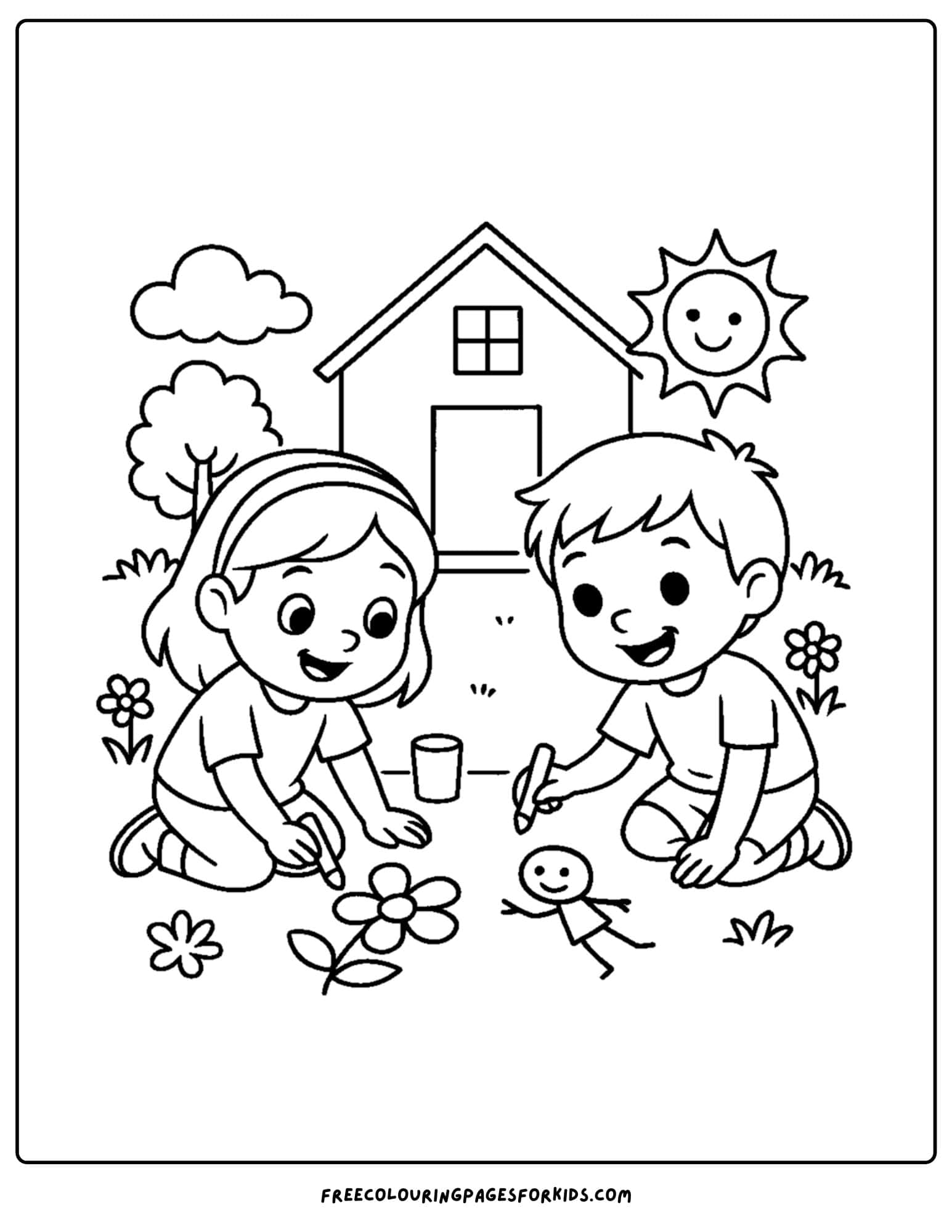 a spring themed coloring page featuring kids drawing pictures in the driveway with chalk